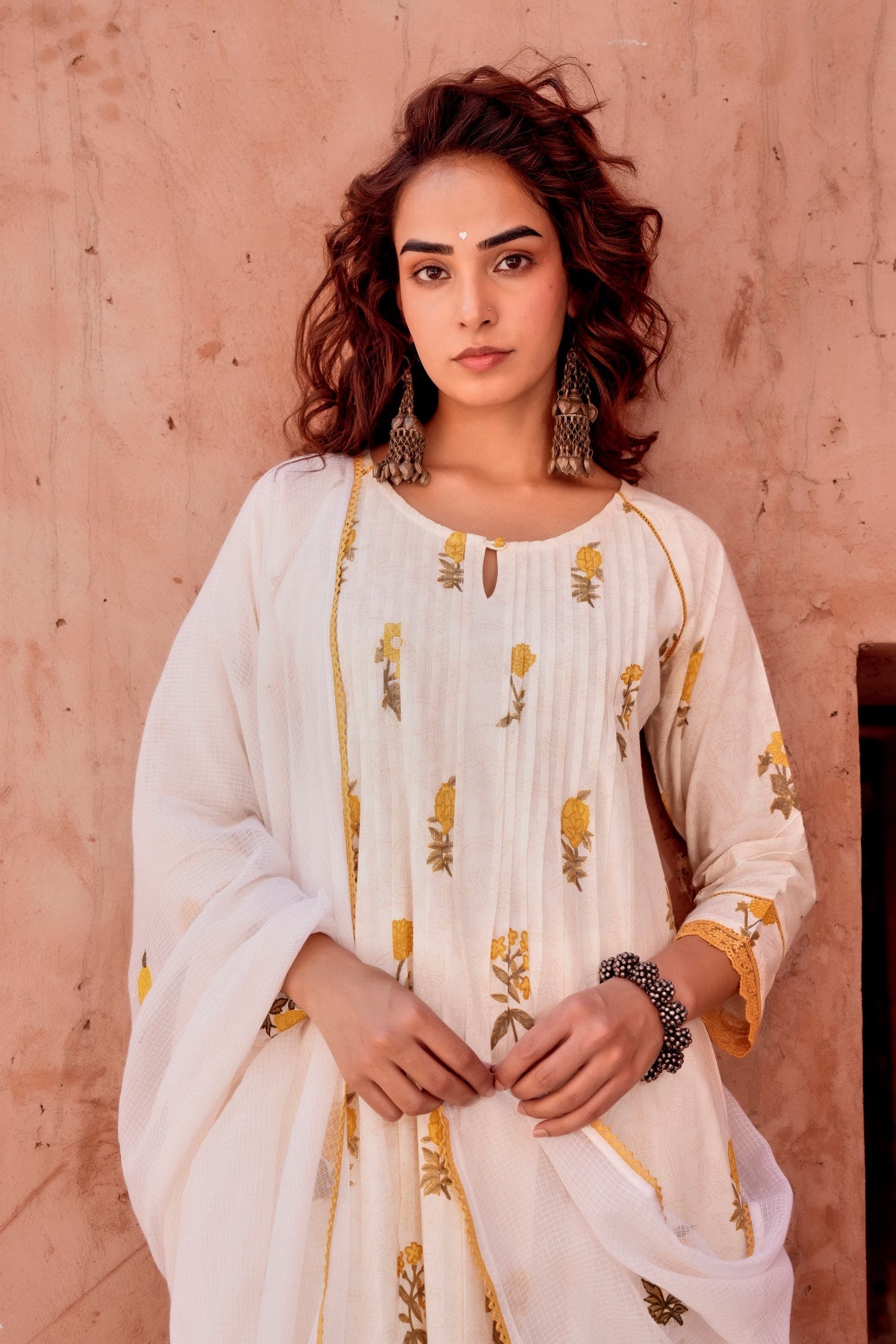 Marigold Blossom Off-White Printed Mul-Cotton Pant Set