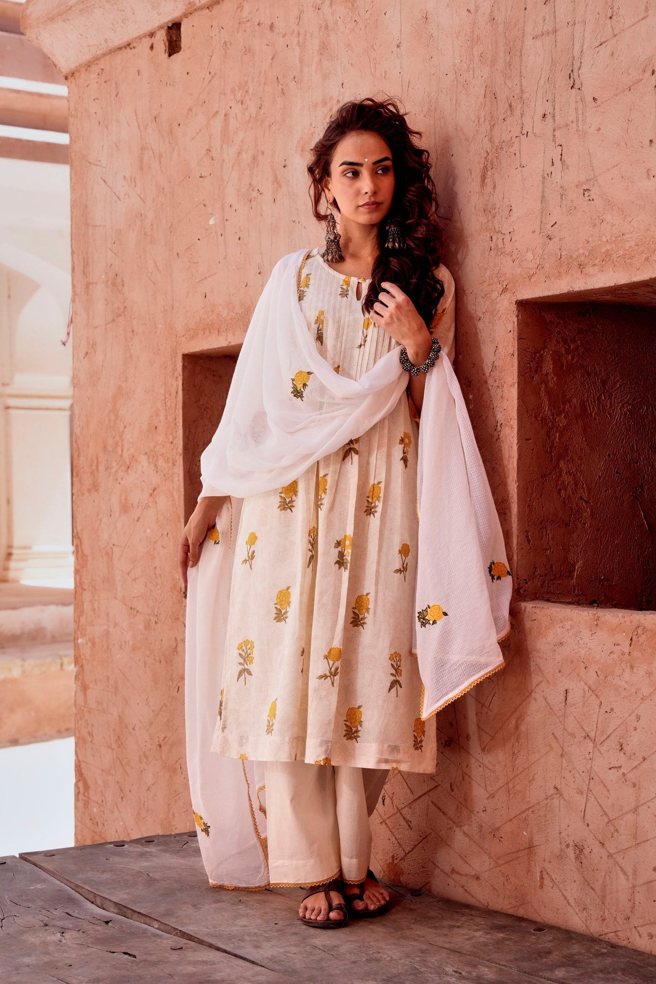 Marigold Blossom Off-White Printed Mul-Cotton Pant Set