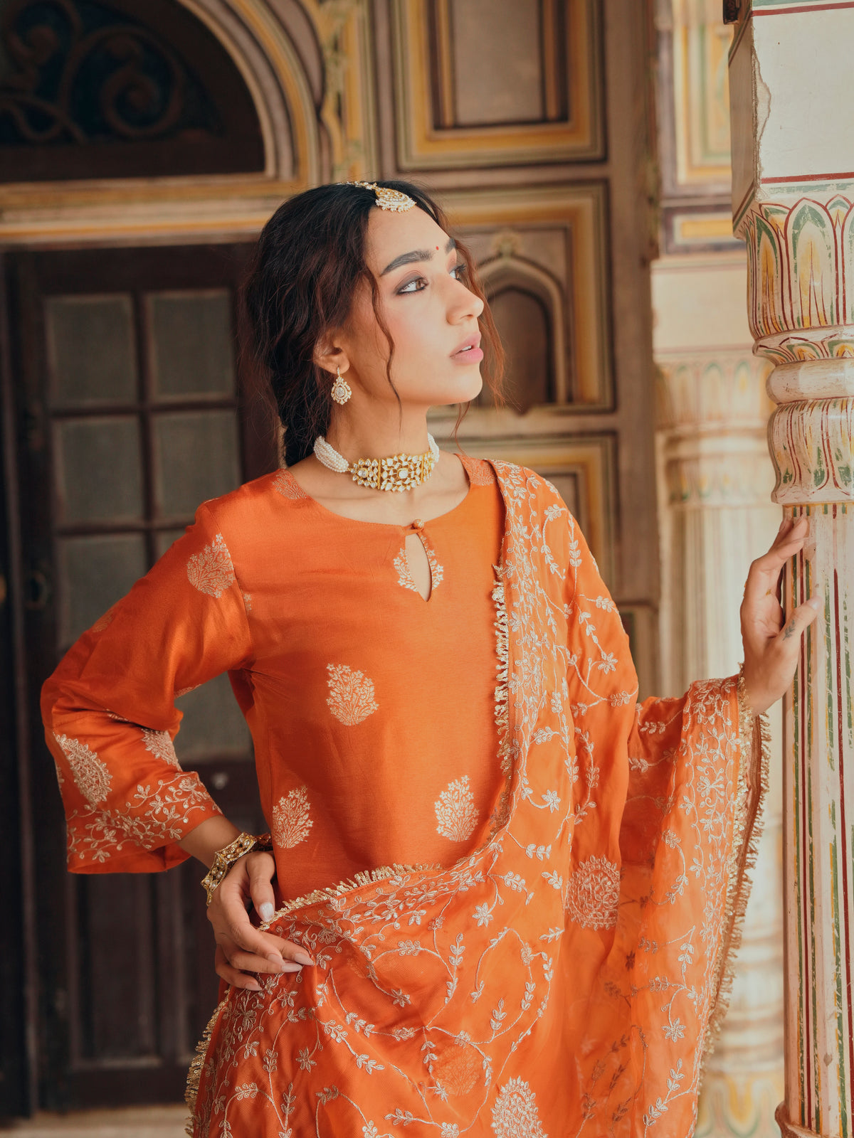 Rust Orange Embellished Pure Banarasi Sharara Set