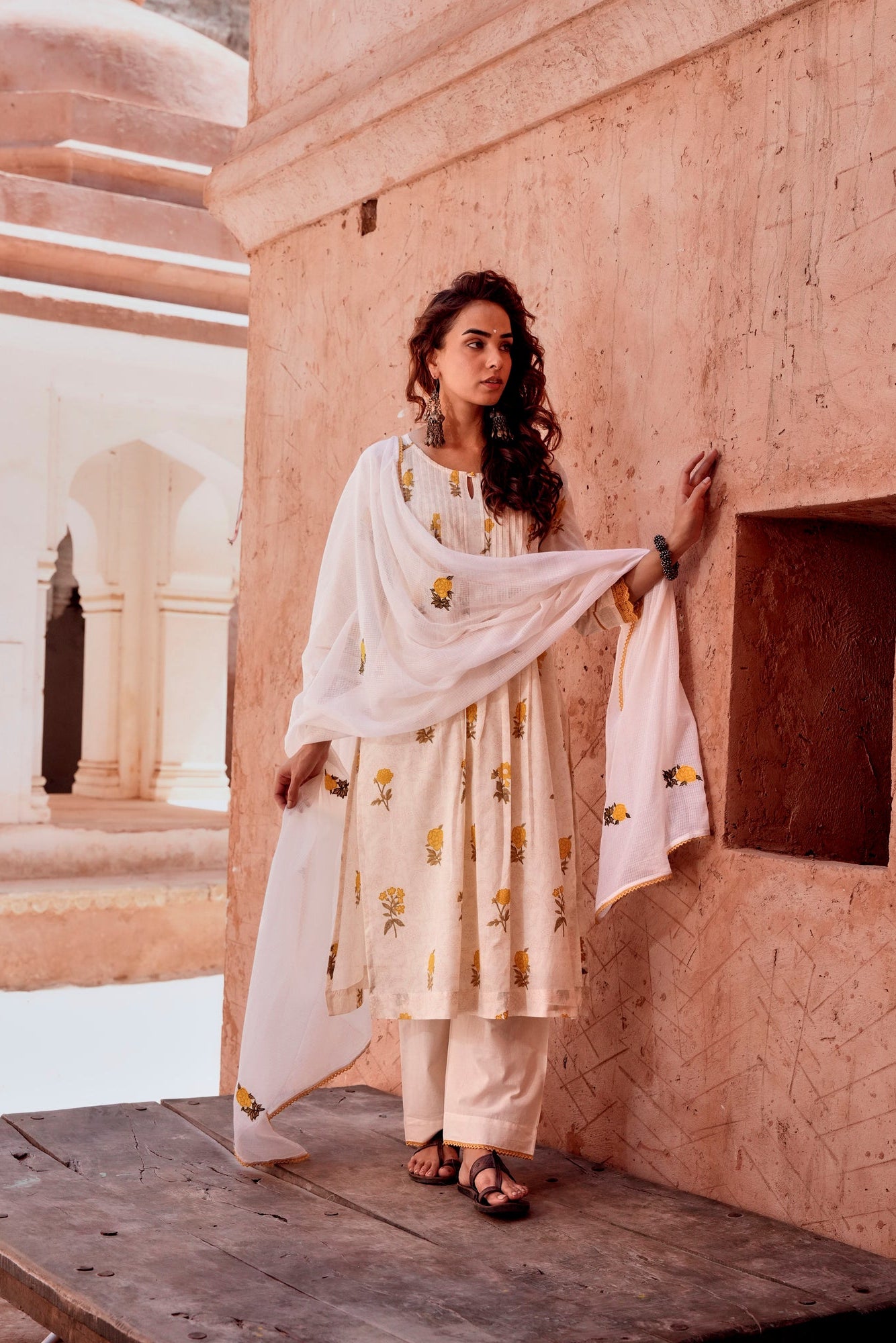 Marigold Blossom Off-White Printed Mul-Cotton Pant Set