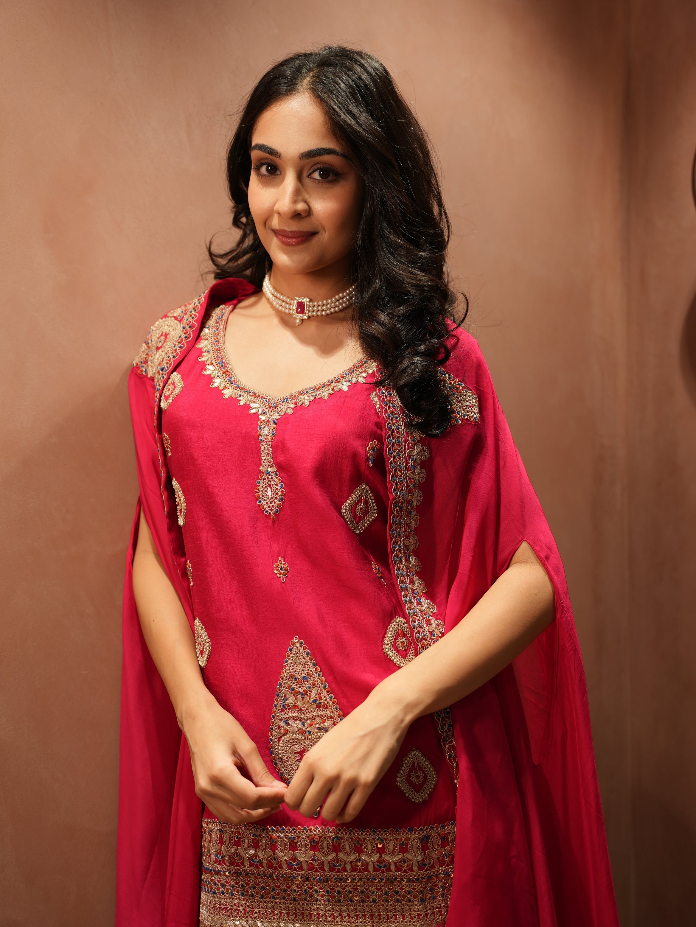 Ruby Pink Embellished Raw Silk Sharara Set