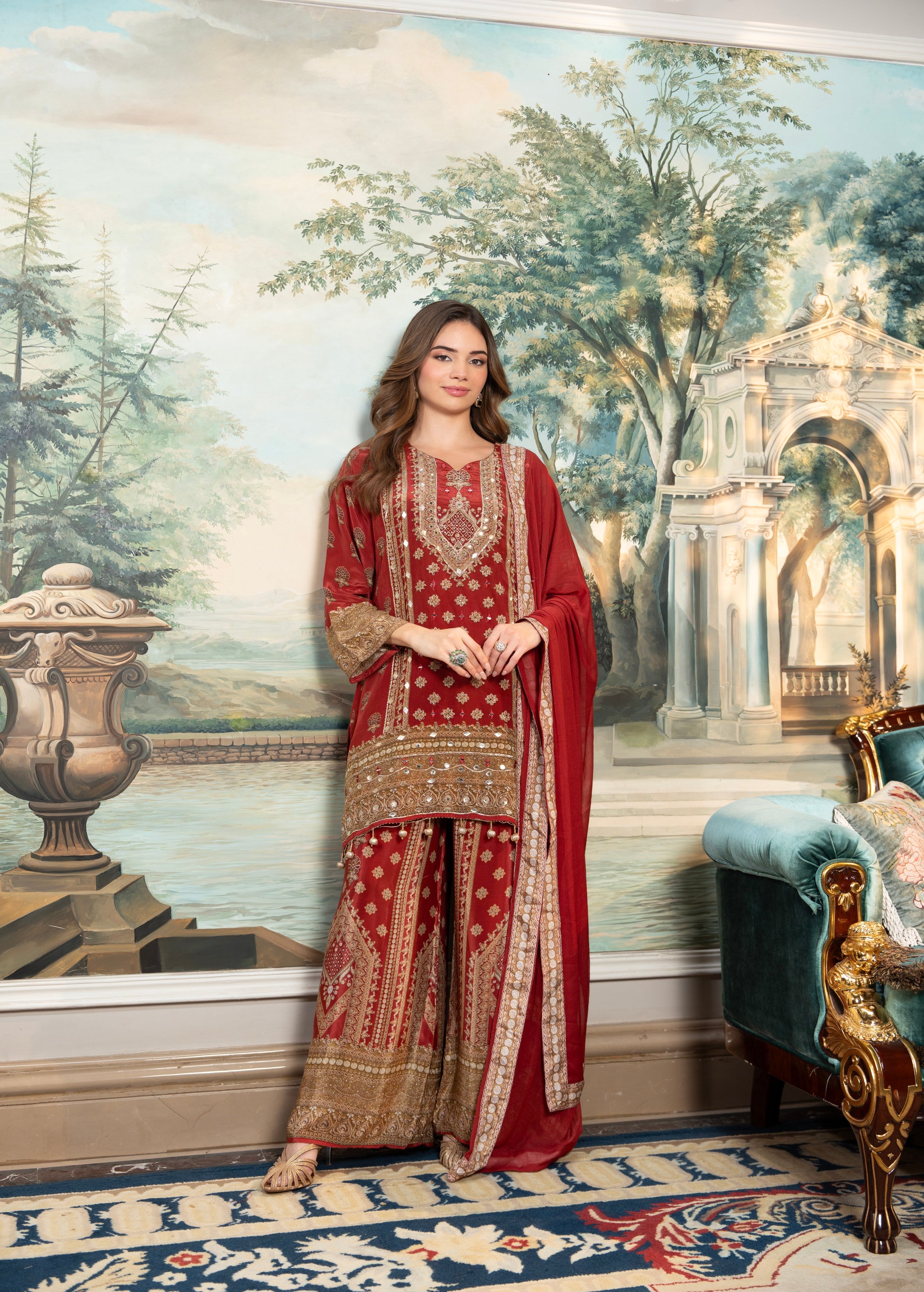 Terracotta Embellished Crepe Silk Palazzo Set