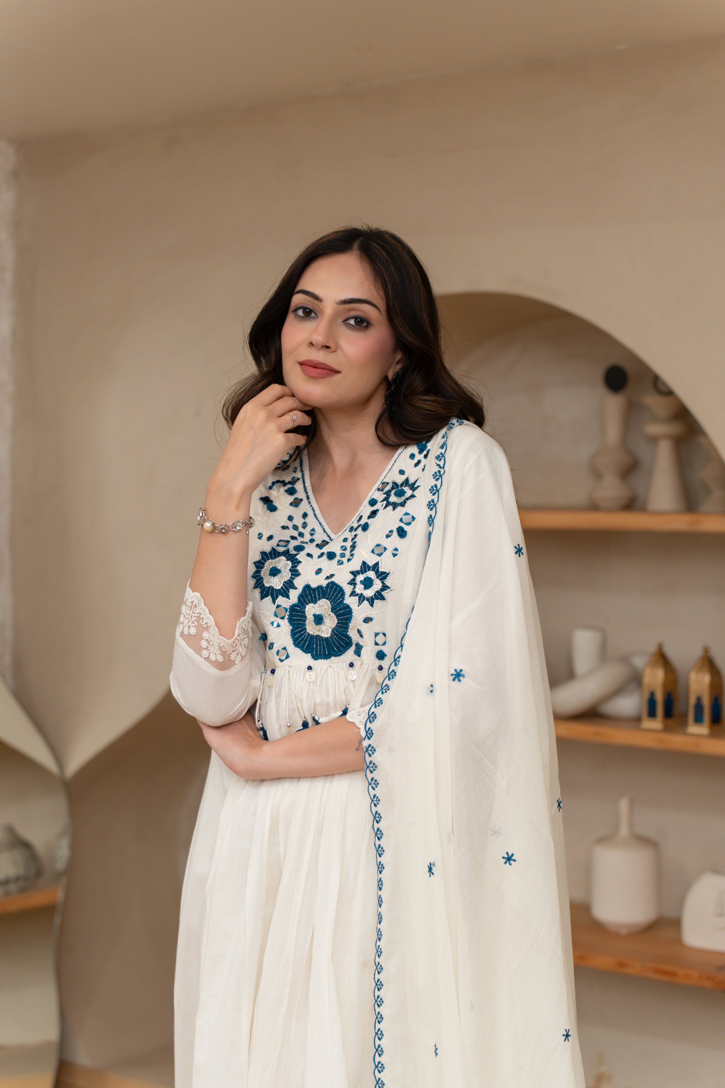 Snowflake Embroidered Cotton Anarkali Set