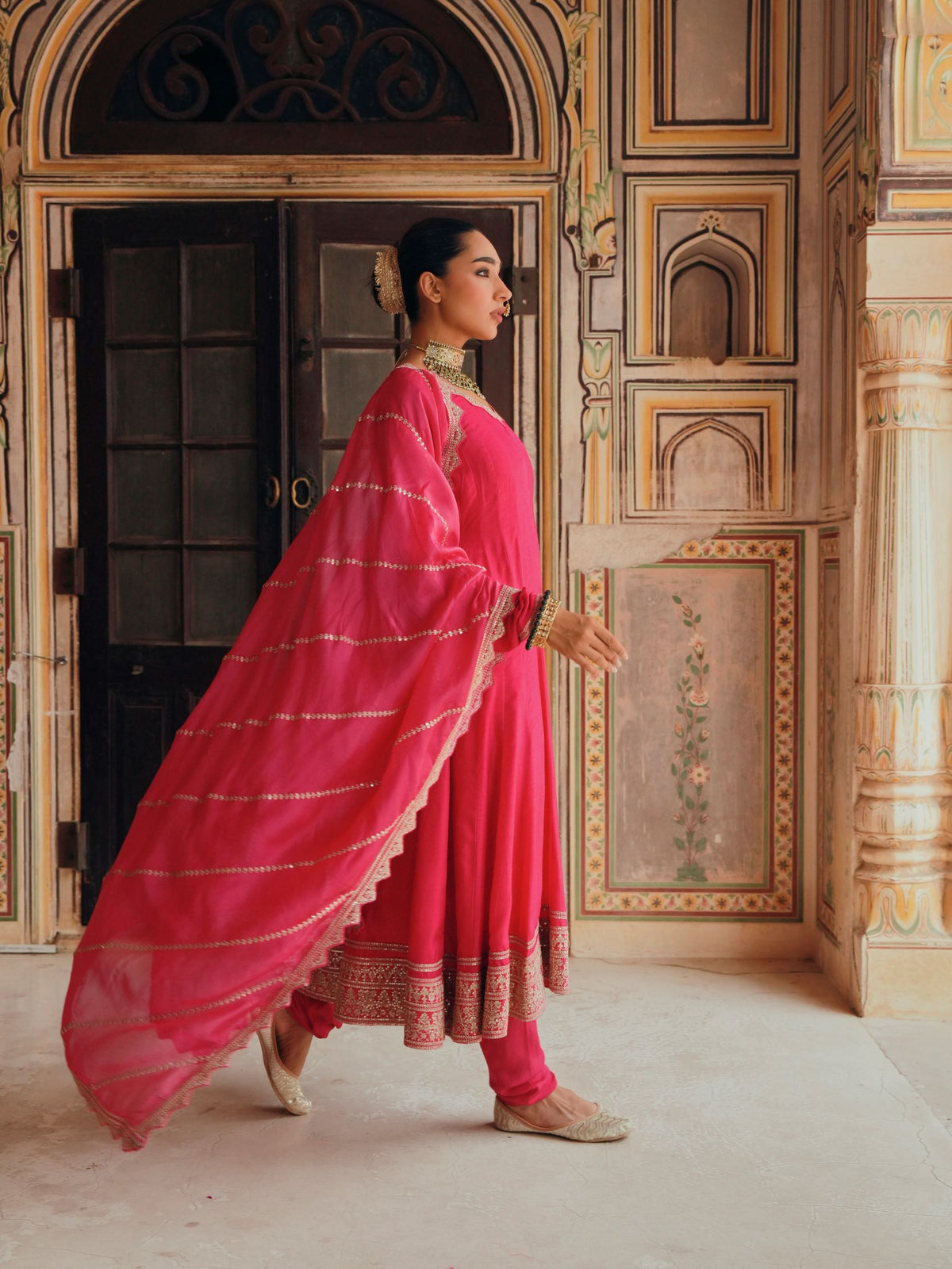 Rani Pink Embellished Dola Silk Anarkali Set