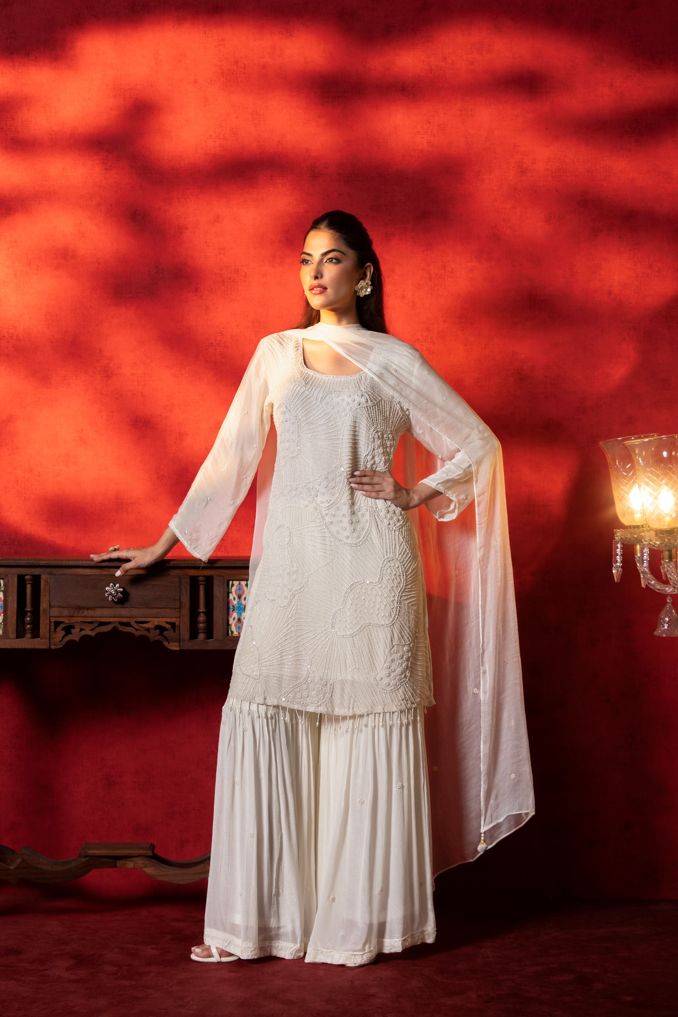 Ivory Embellished Chinon Silk Sharara Set