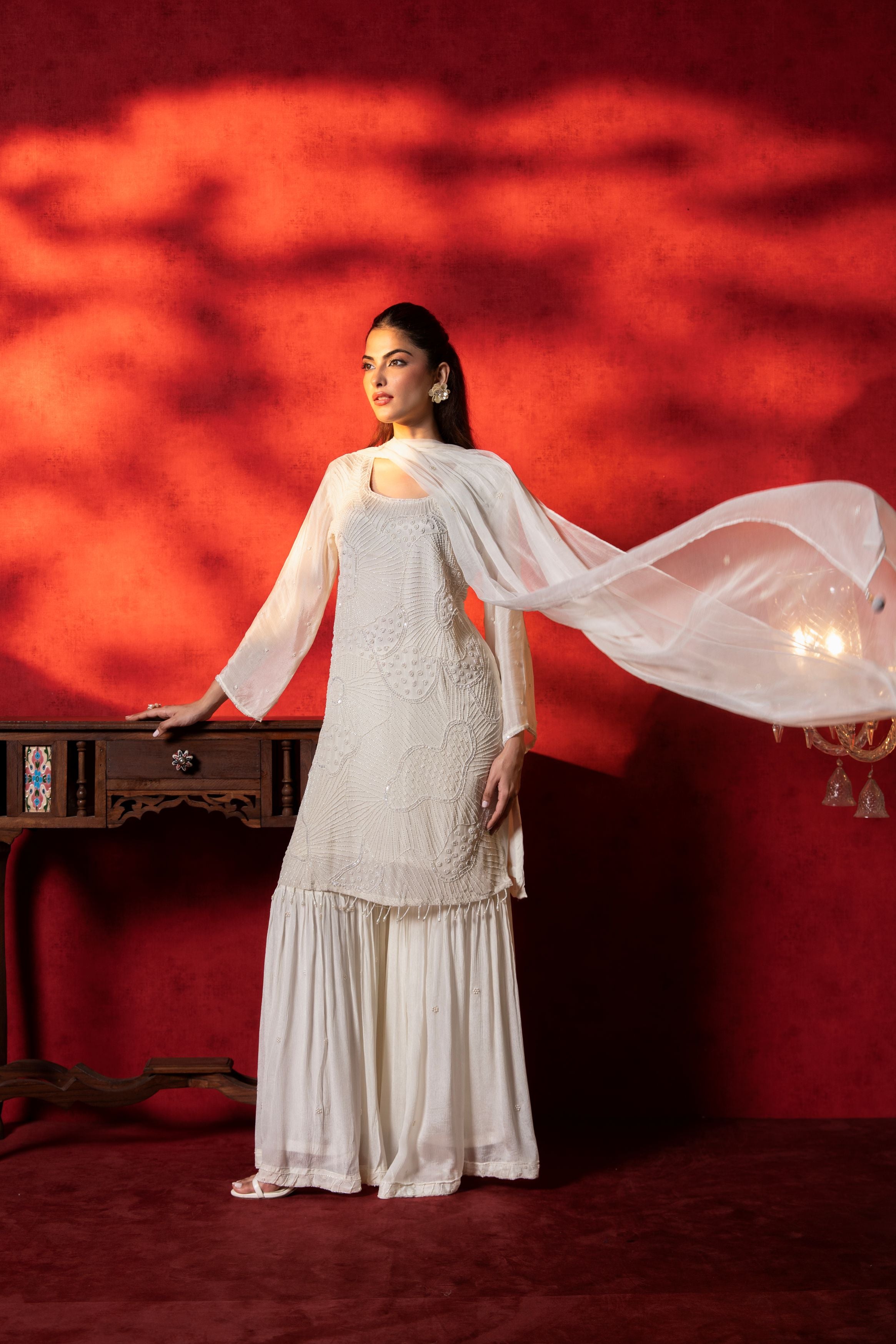 Ivory Embellished Chinon Silk Sharara Set
