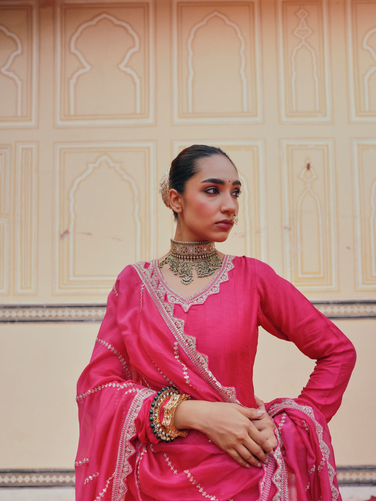 Rani Pink Embellished Dola Silk Anarkali Set