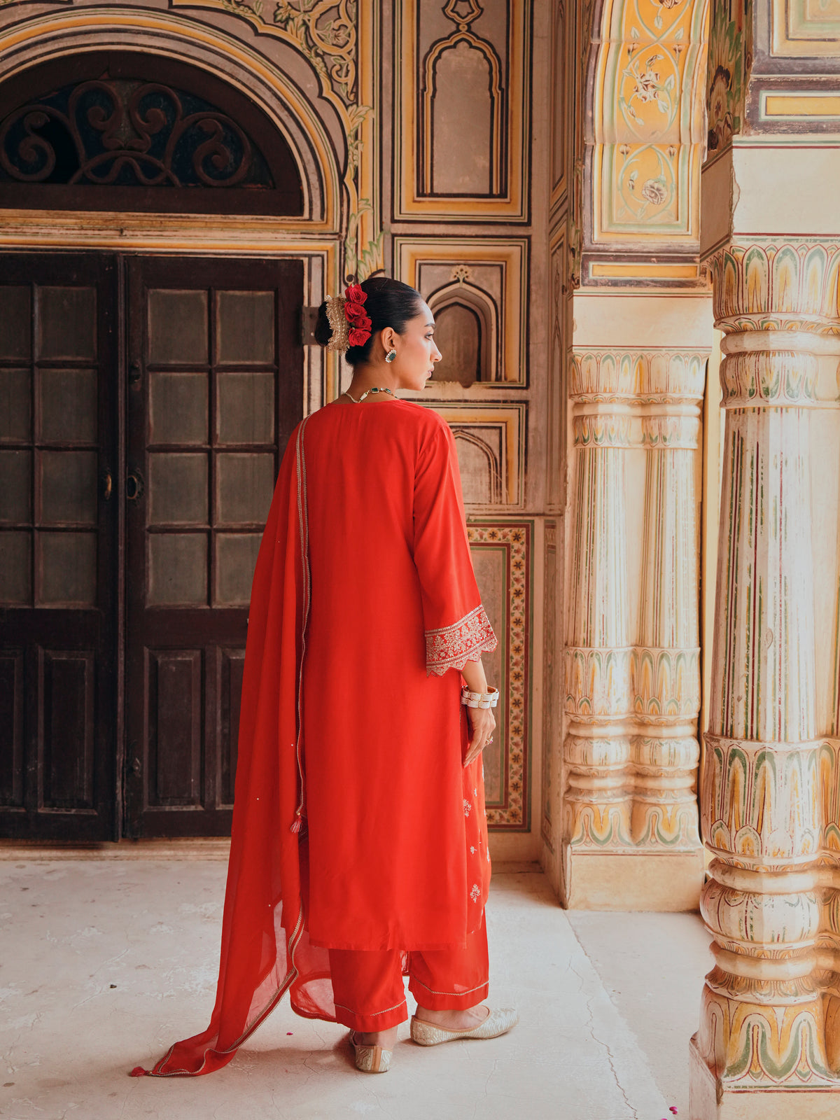 Coral Red Embellished Dola Silk Pant Set