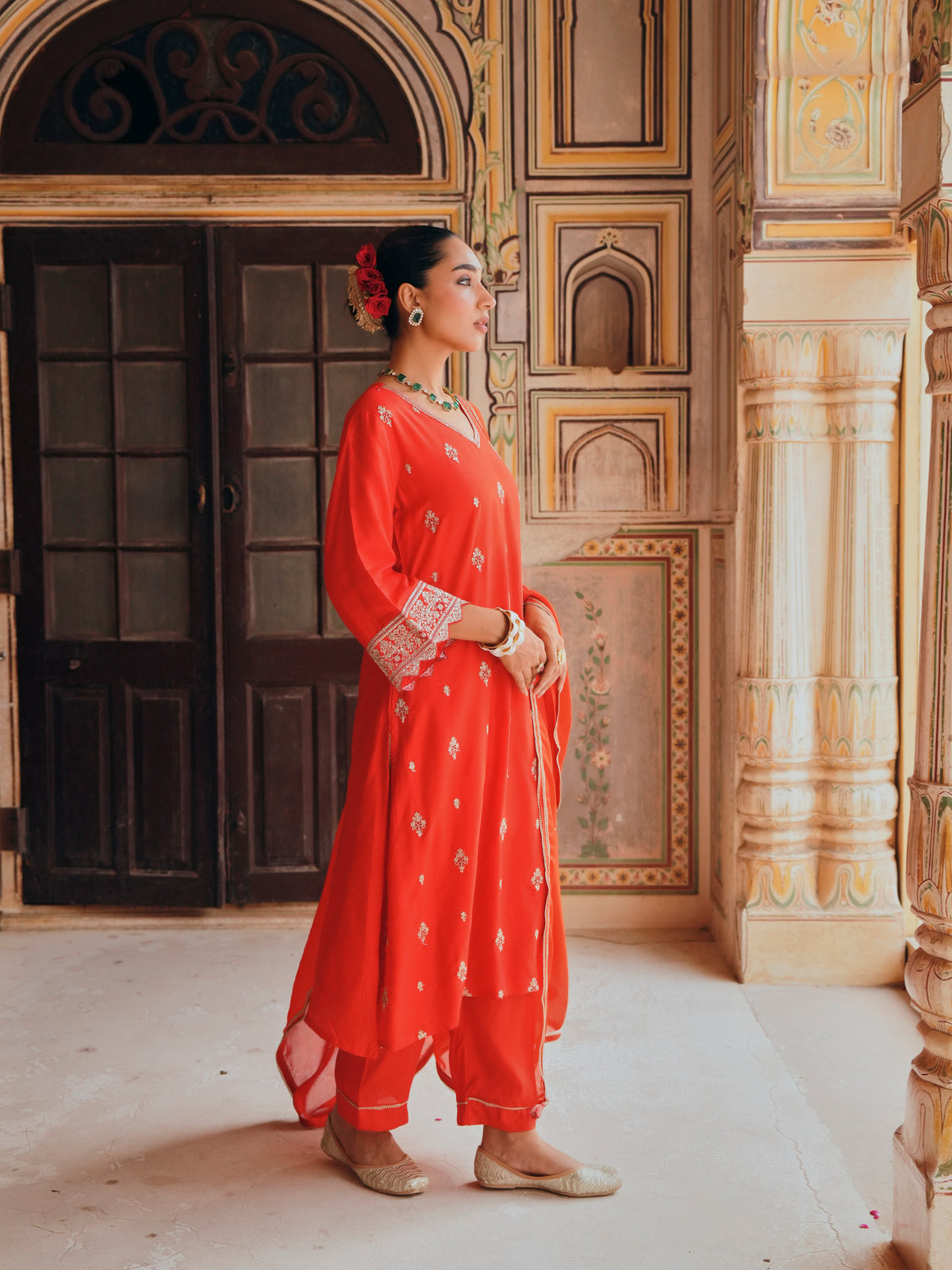 Coral Red Embellished Dola Silk Pant Set