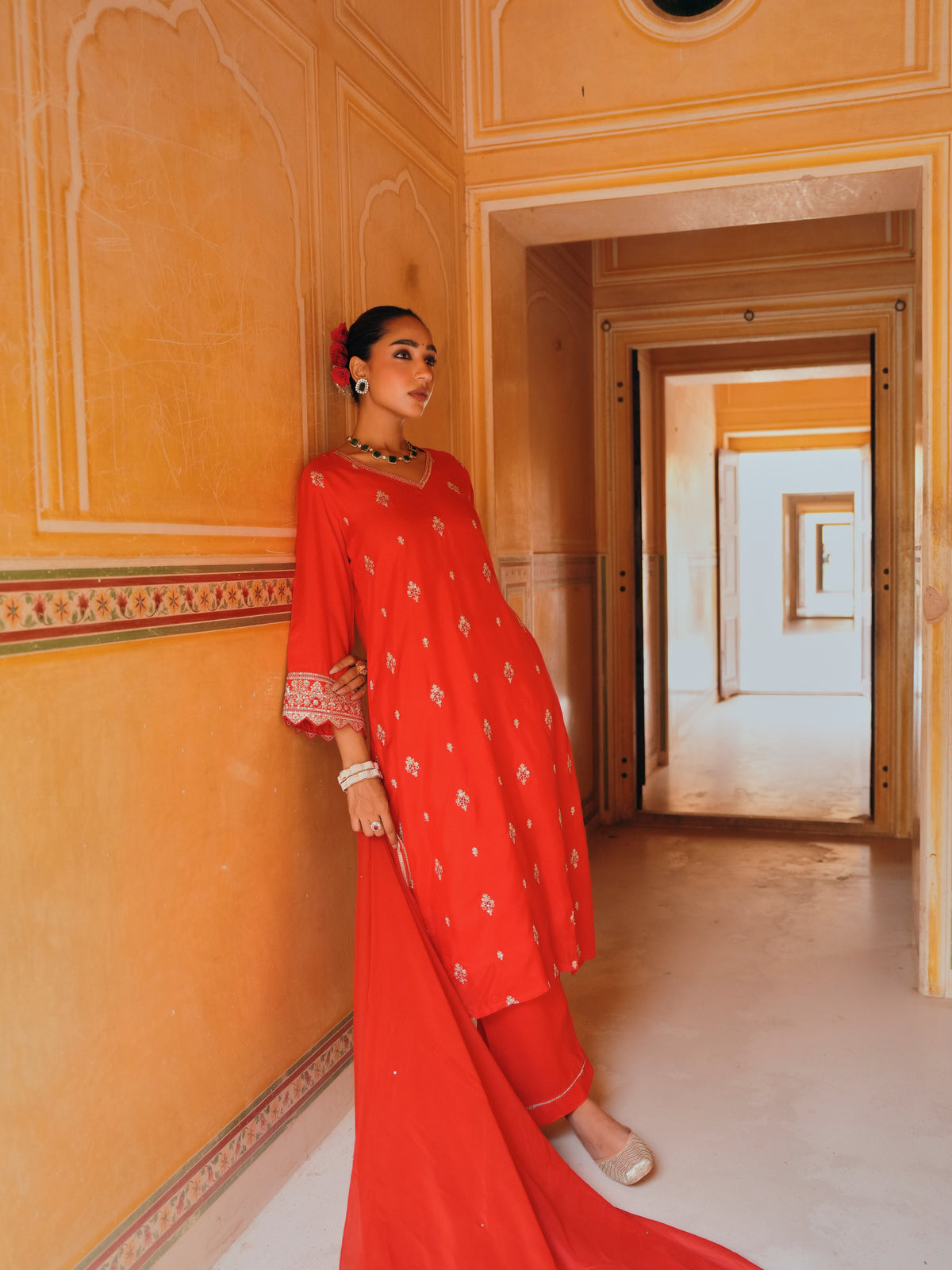 Coral Red Embellished Dola Silk Pant Set