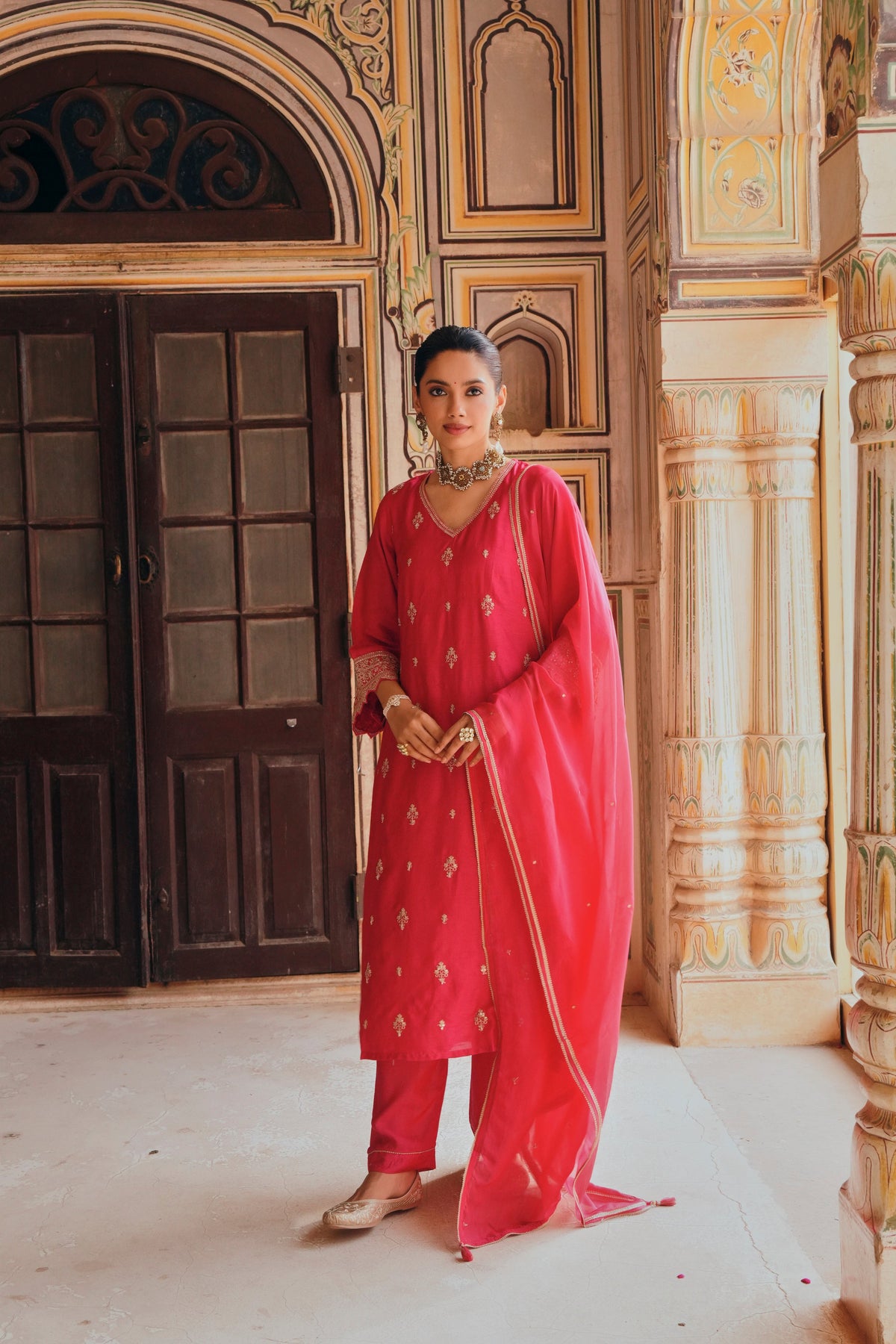 Rani Pink Embellished Dola Silk Pant Set
