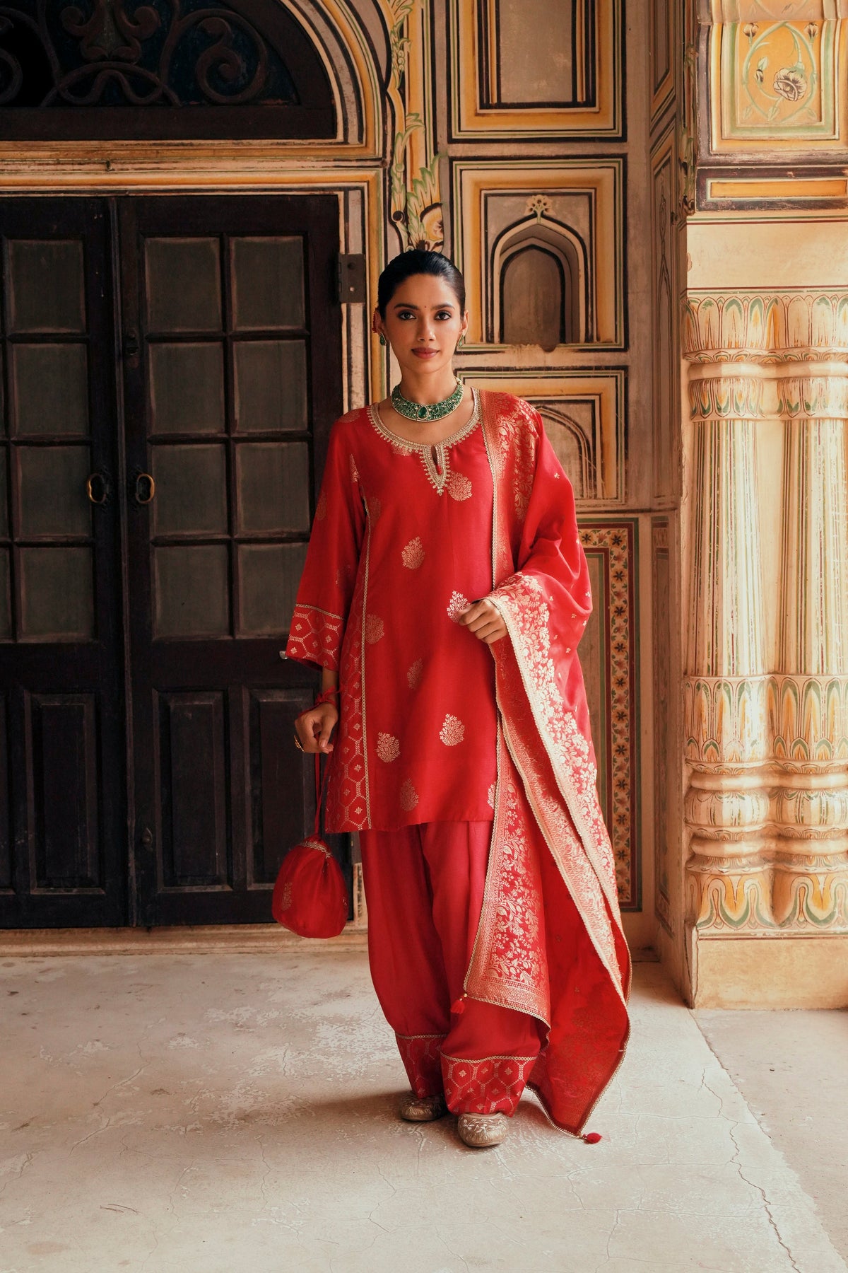 Red Embellished Banarasi Silk Salwar Set