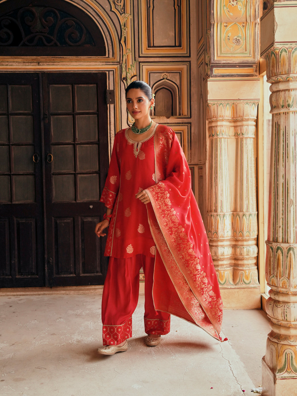 Red Embellished Banarasi Silk Salwar Set