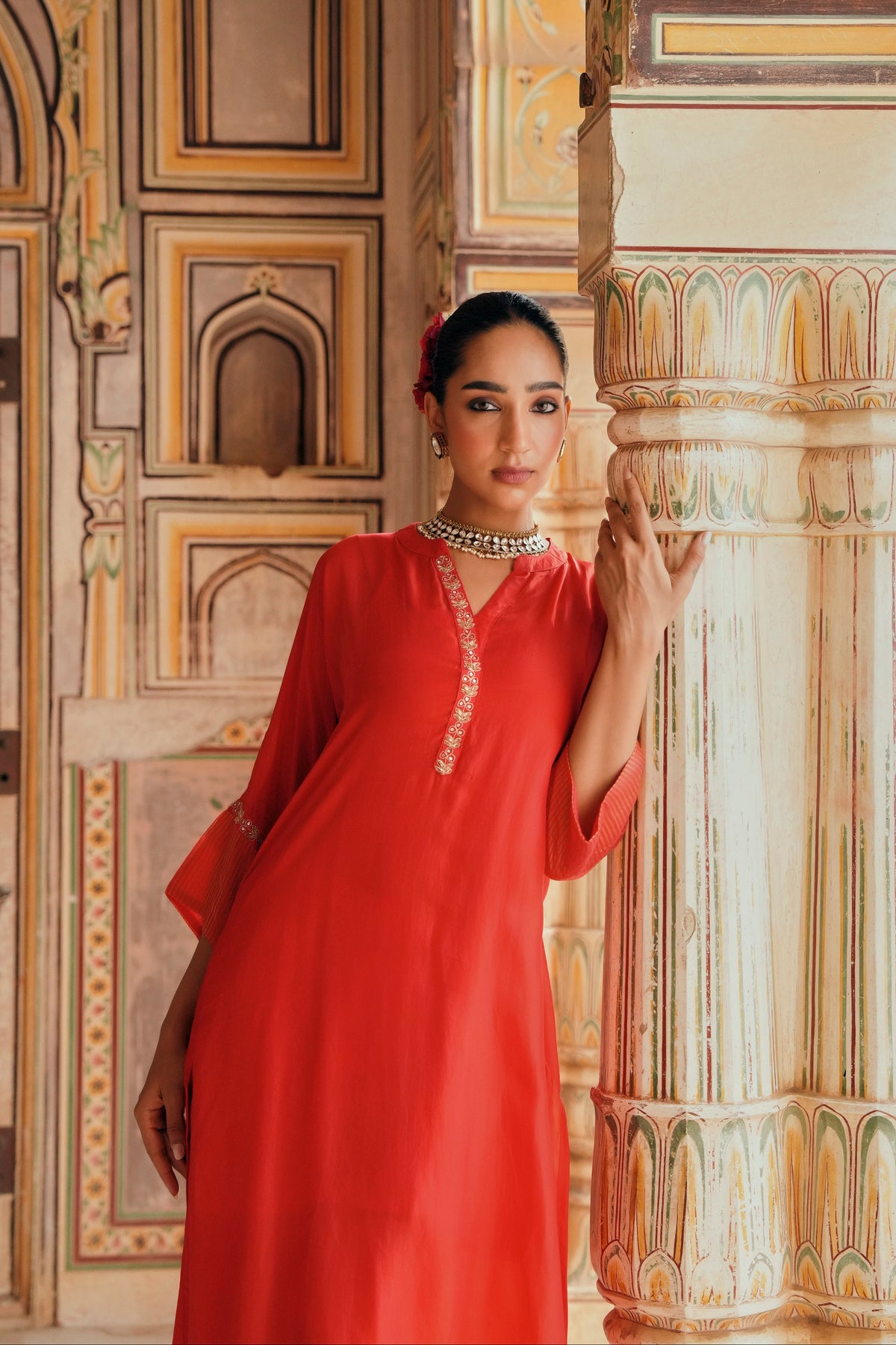 Red Embellished Tabby Silk Kurta Set