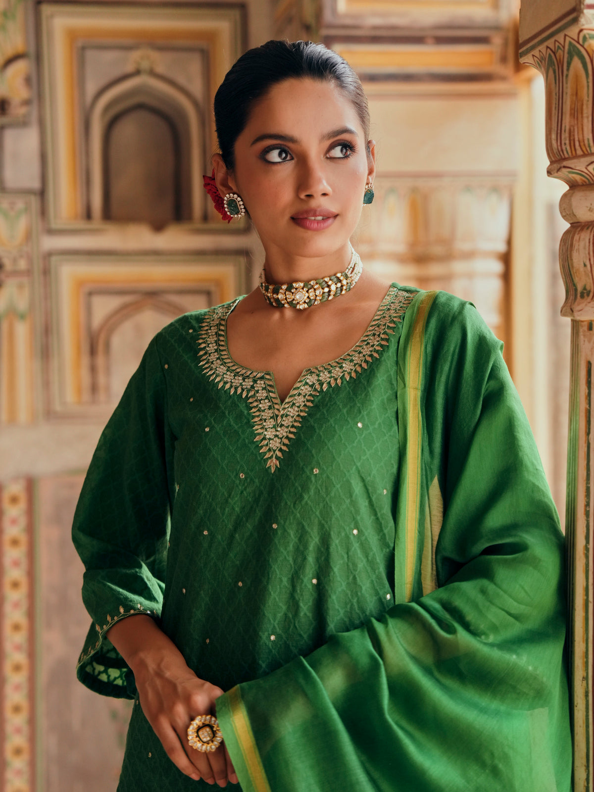 Emerald Green Embellished Banarasi Cotton Patola Kurta Set