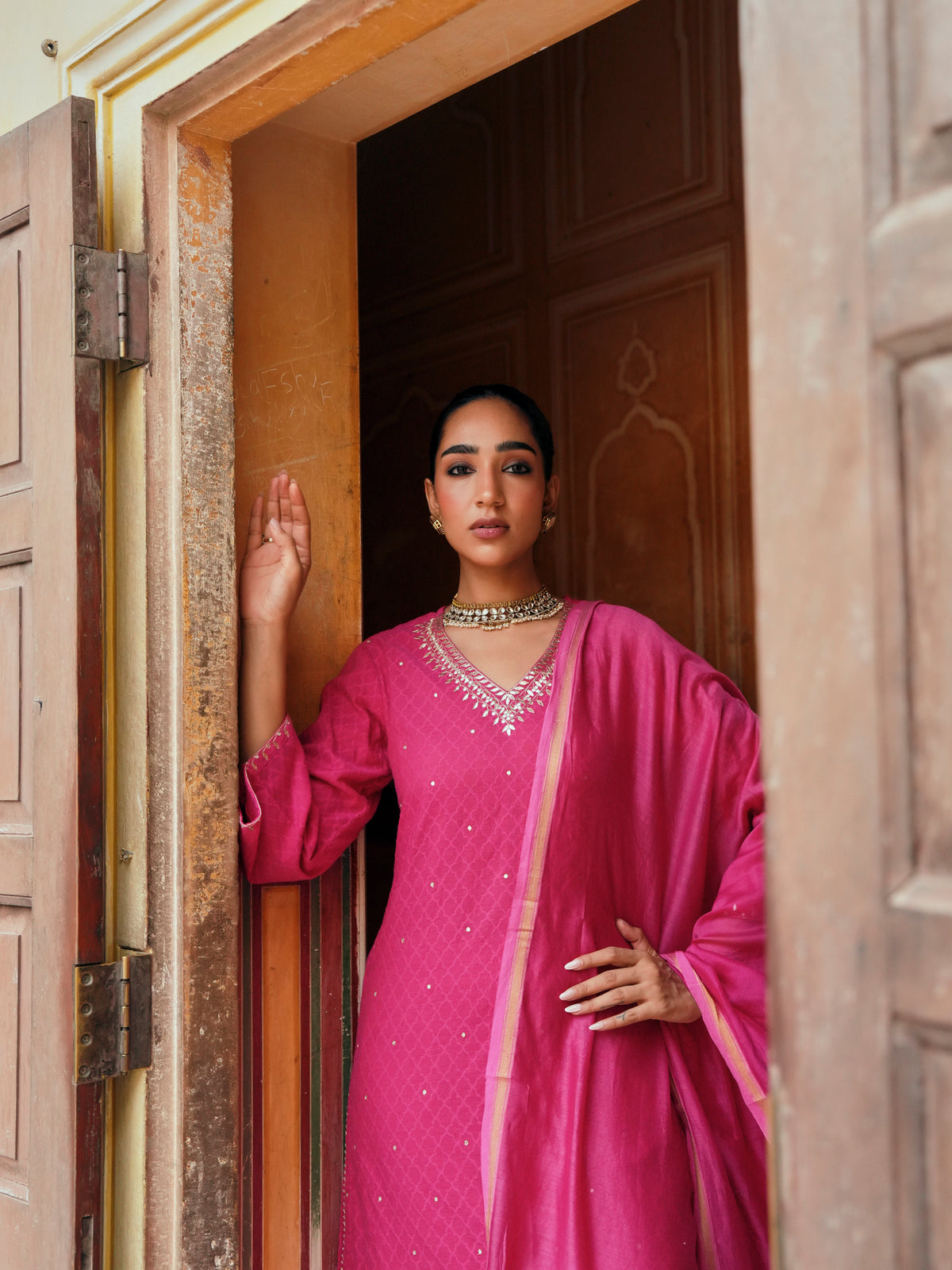 Bright Pink Embellished Banarasi Cotton Patola Kurta Set