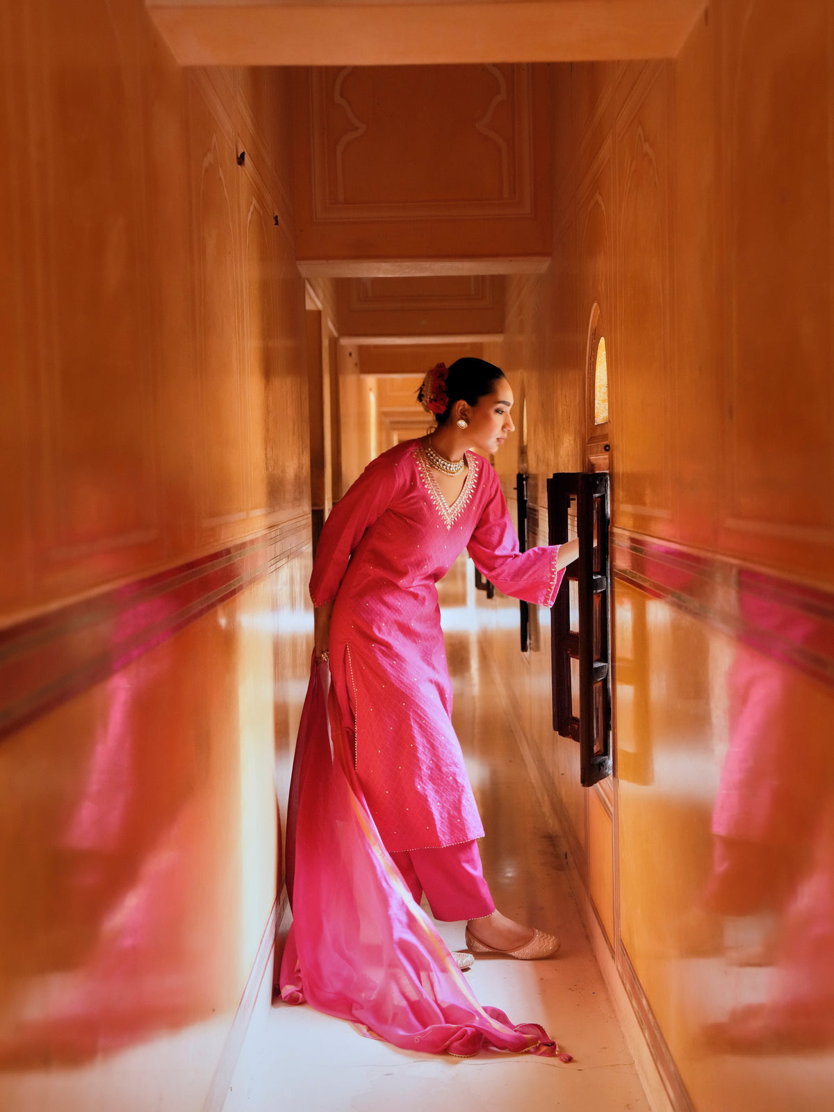 Bright Pink Embellished Banarasi Cotton Patola Kurta Set