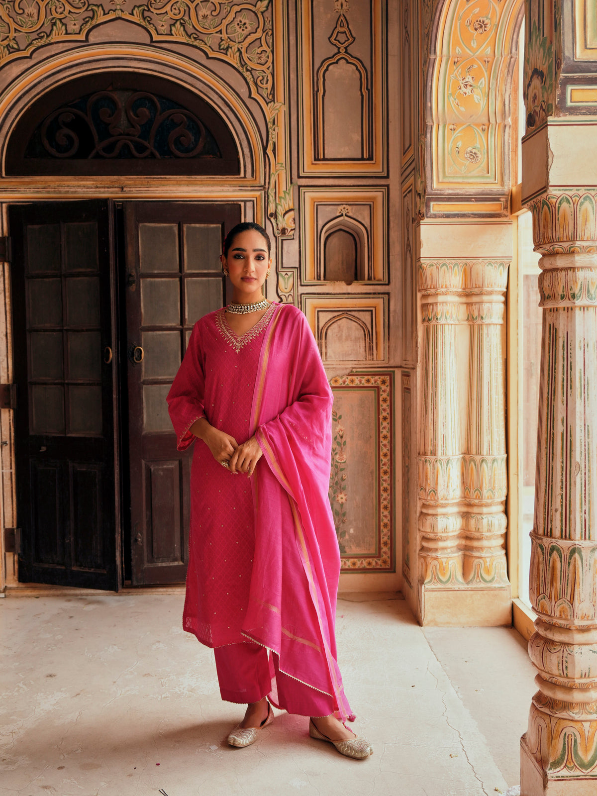Bright Pink Embellished Banarasi Cotton Patola Kurta Set