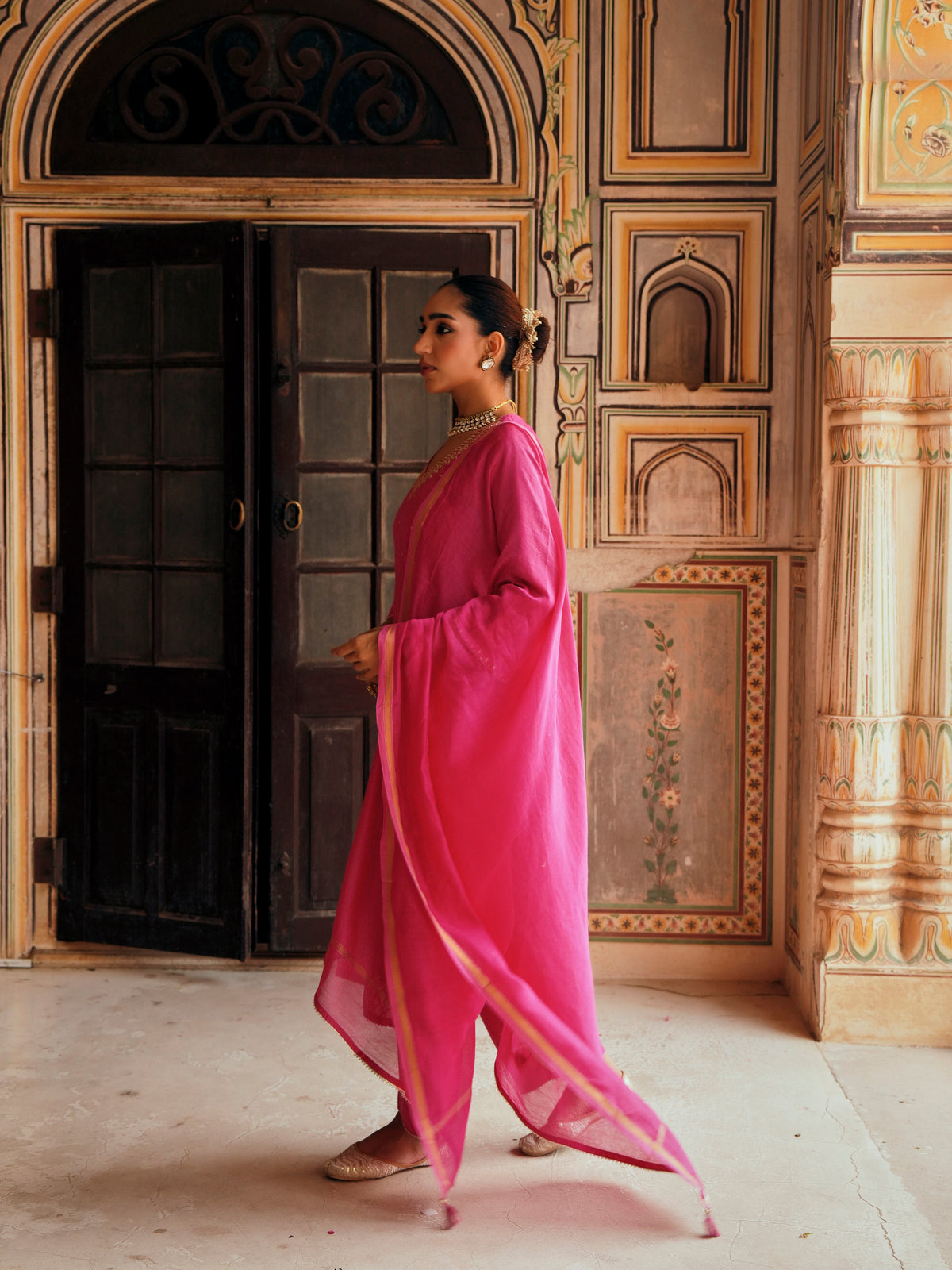 Bright Pink Embellished Banarasi Cotton Patola Kurta Set