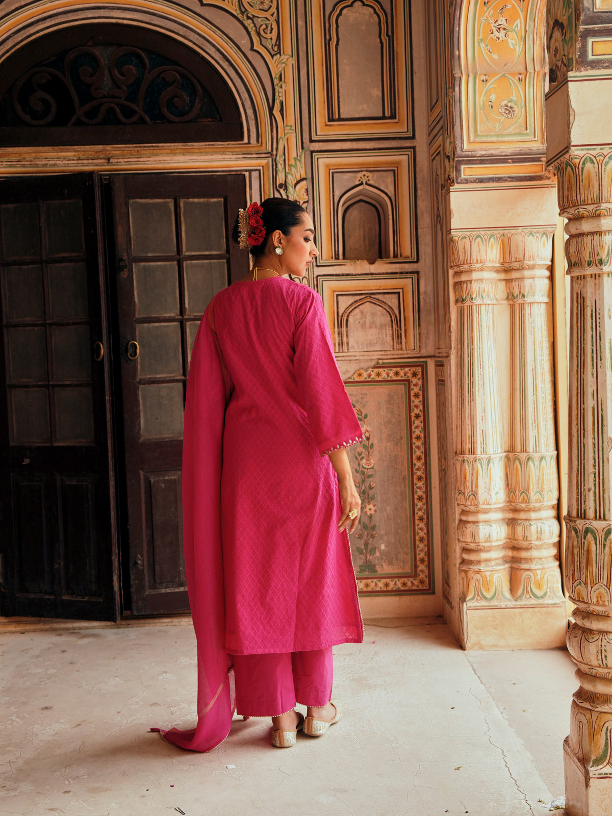 Bright Pink Embellished Banarasi Cotton Patola Kurta Set