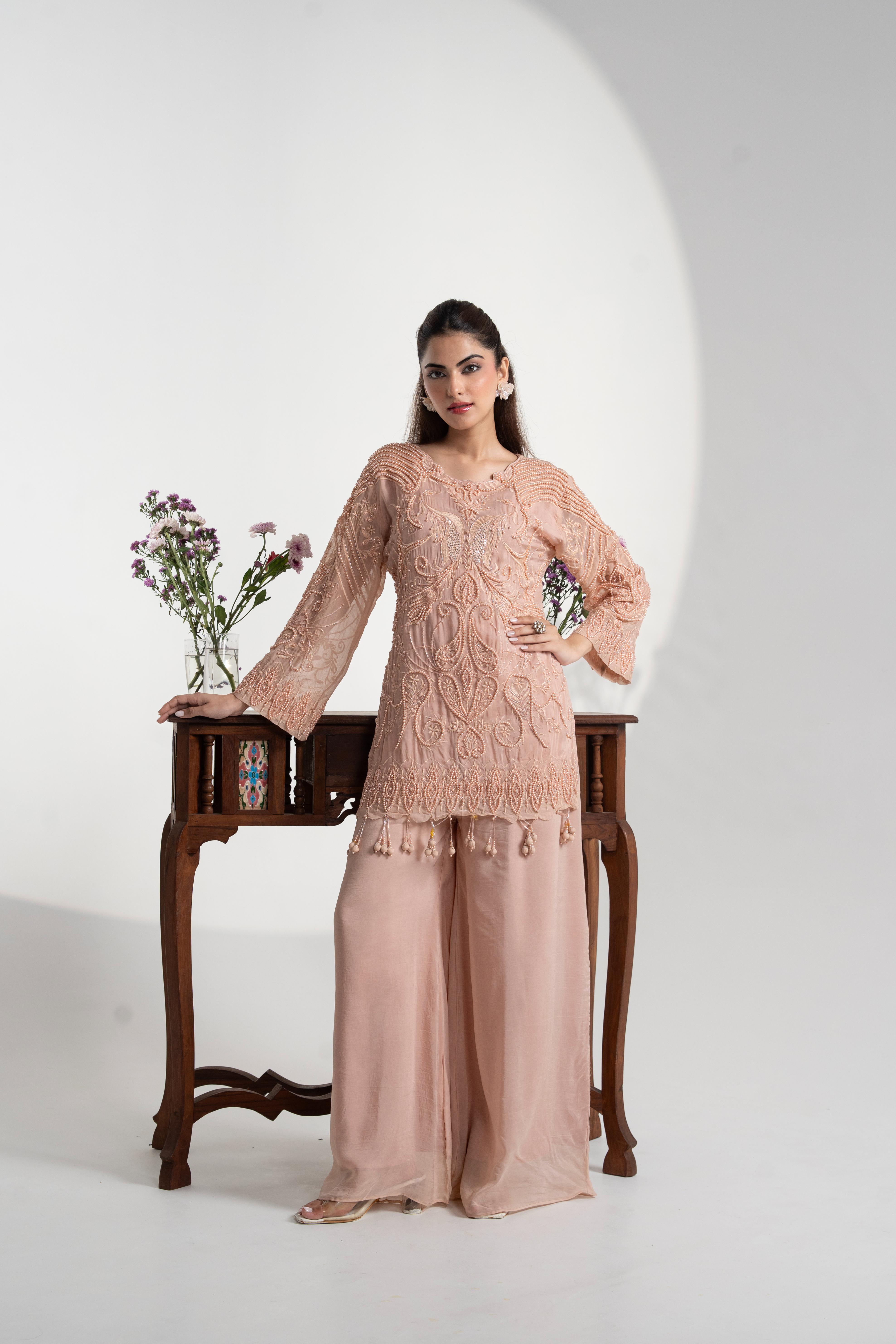 Dusty Rose Embellished Soft Organza Silk Palazzo Set