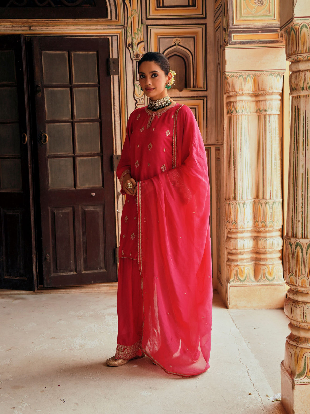 Rani Pink Embellished Dola Silk Farshi Salwar Set