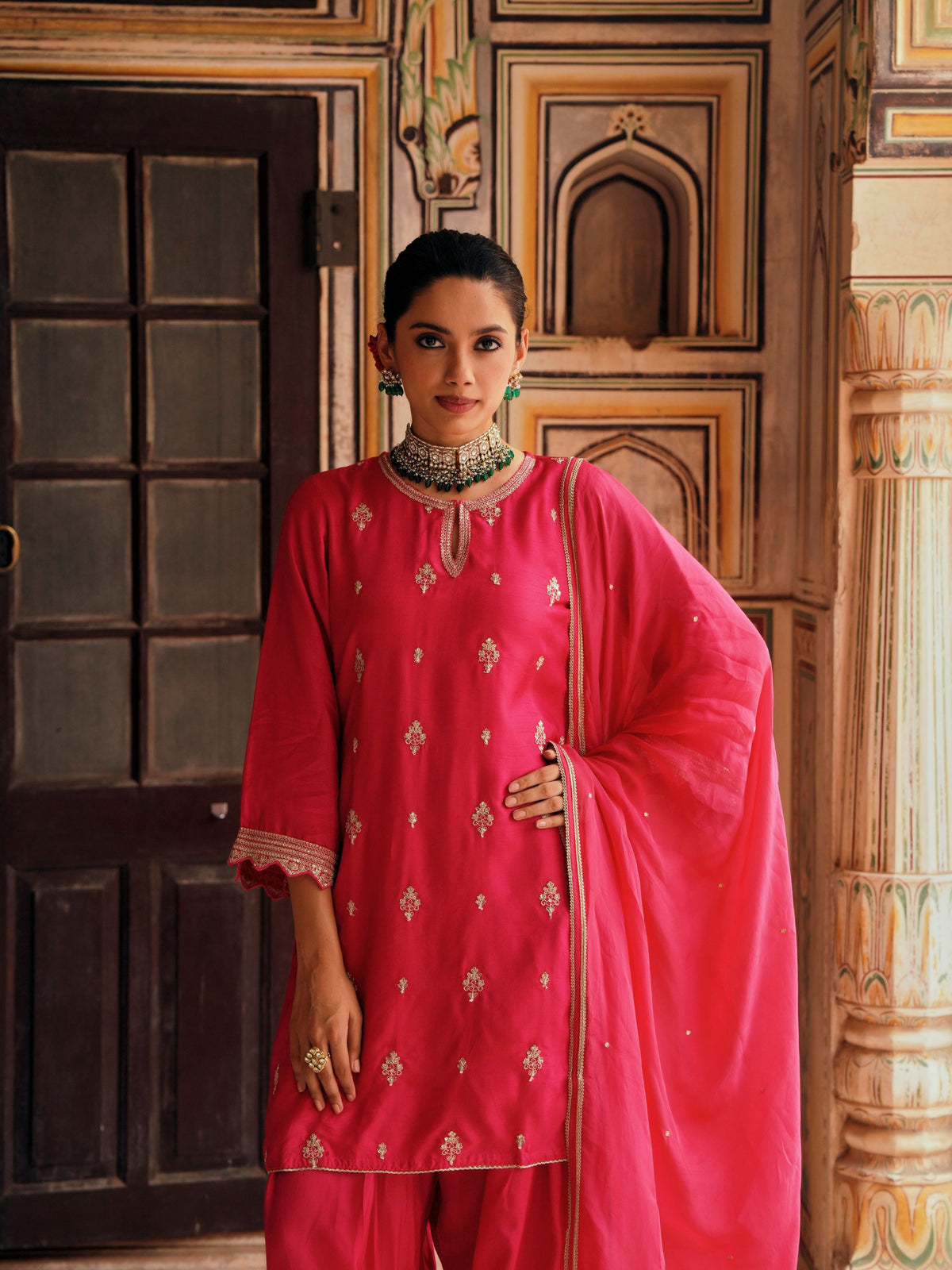 Rani Pink Embellished Dola Silk Farshi Salwar Set