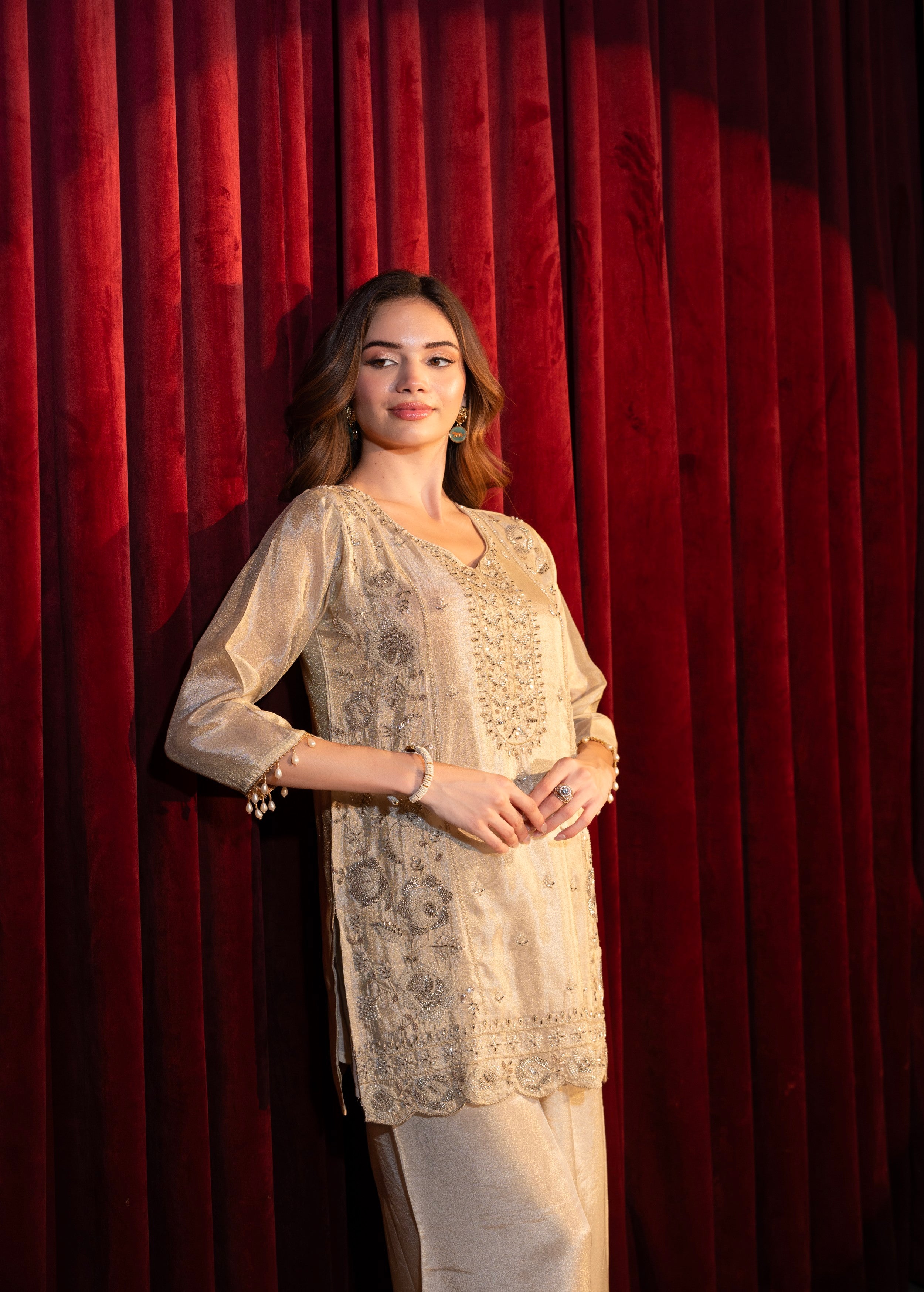 Antique Beige Embellished Shimmer Tissue Silk Palazzo Set