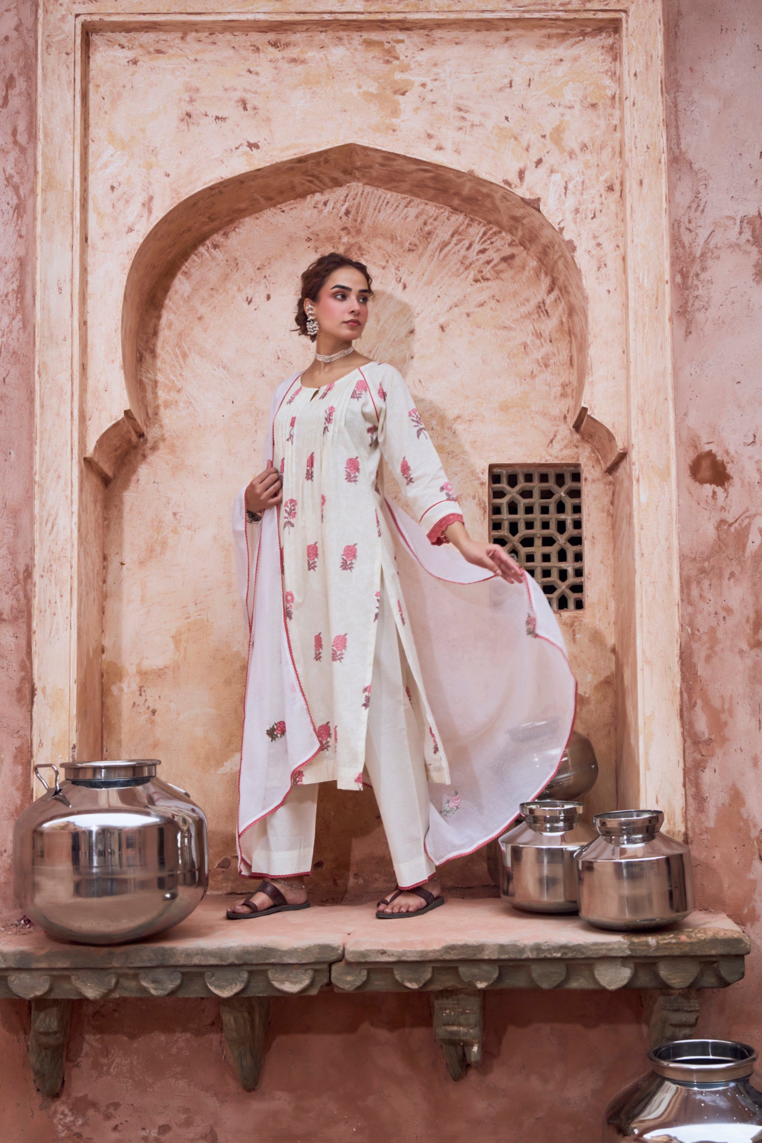 Roseate Bloom Off-White Printed Mul-Cotton Pant Set