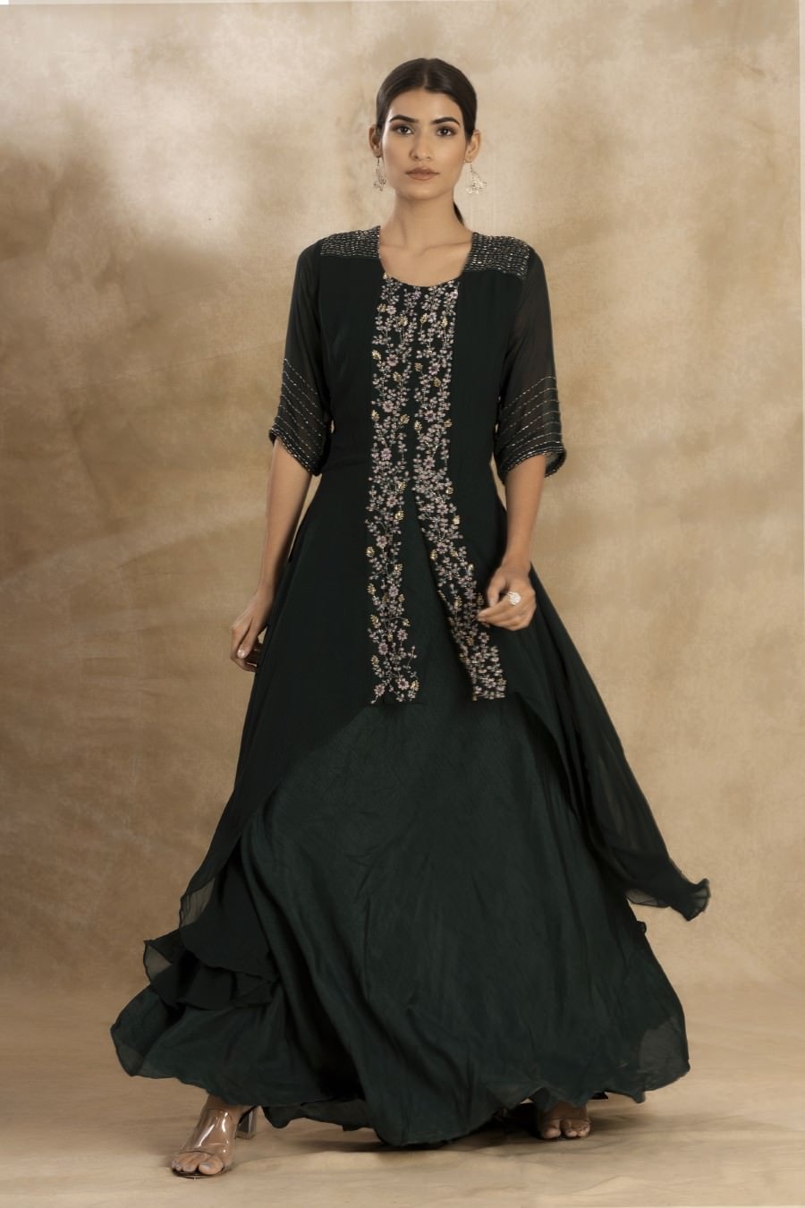 Emerald Green Dola Silk Embroidered Layer Gown