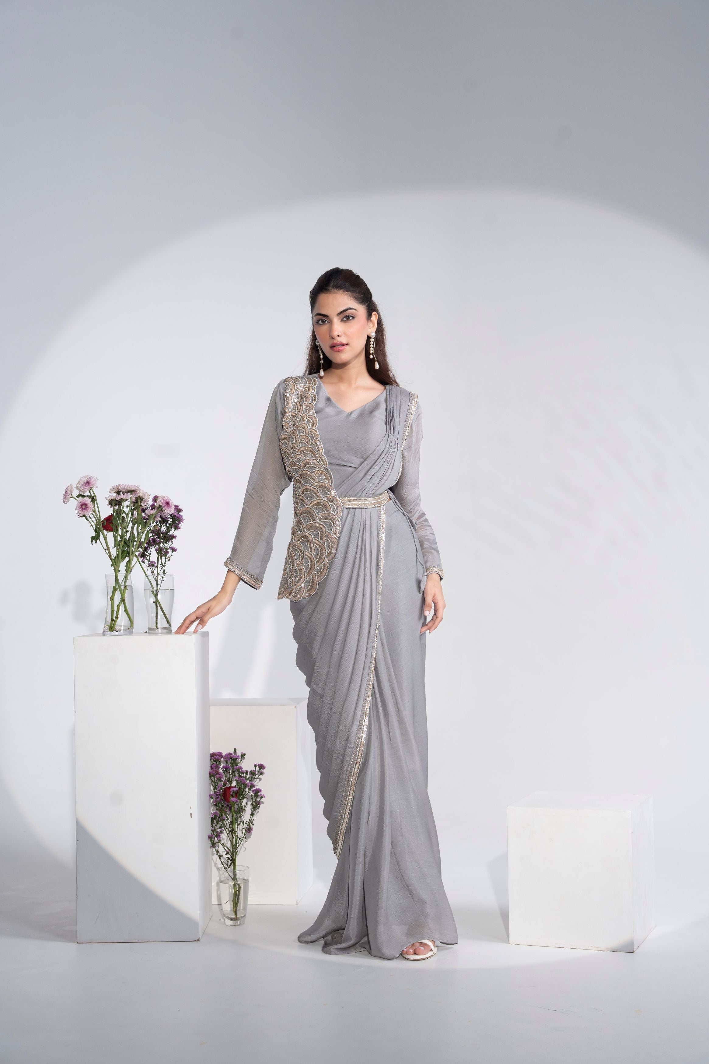 Graceful Grey Embellished Pre-Draped Saree with Handcrafted Jacket