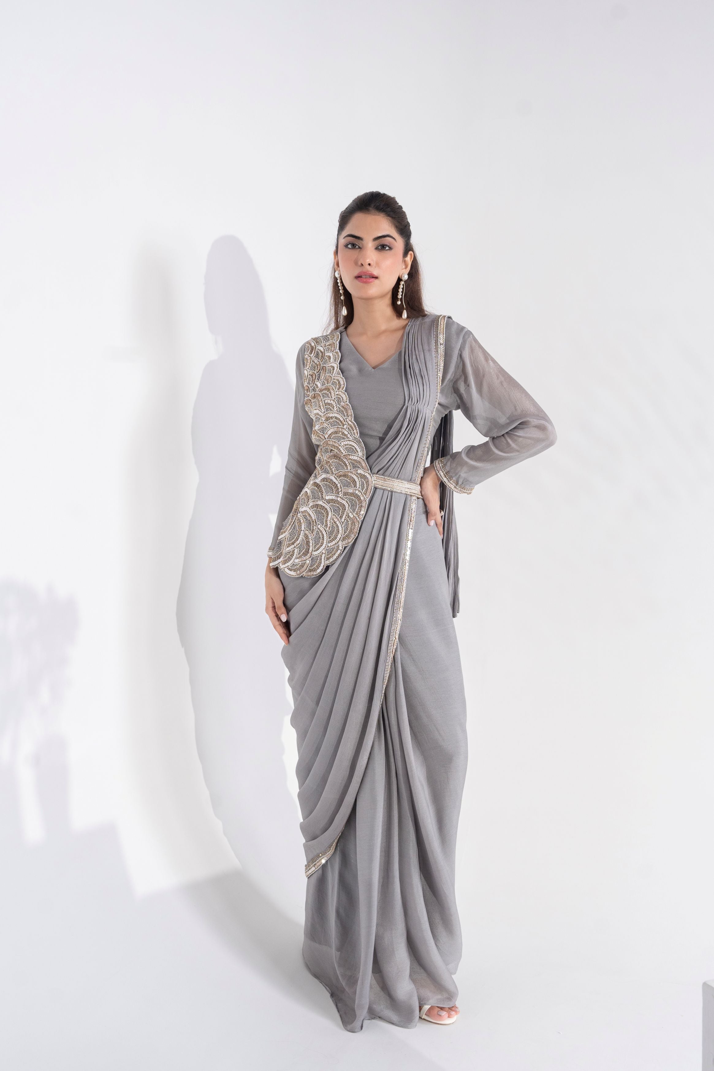 Graceful Grey Embellished Pre-Draped Saree with Handcrafted Jacket