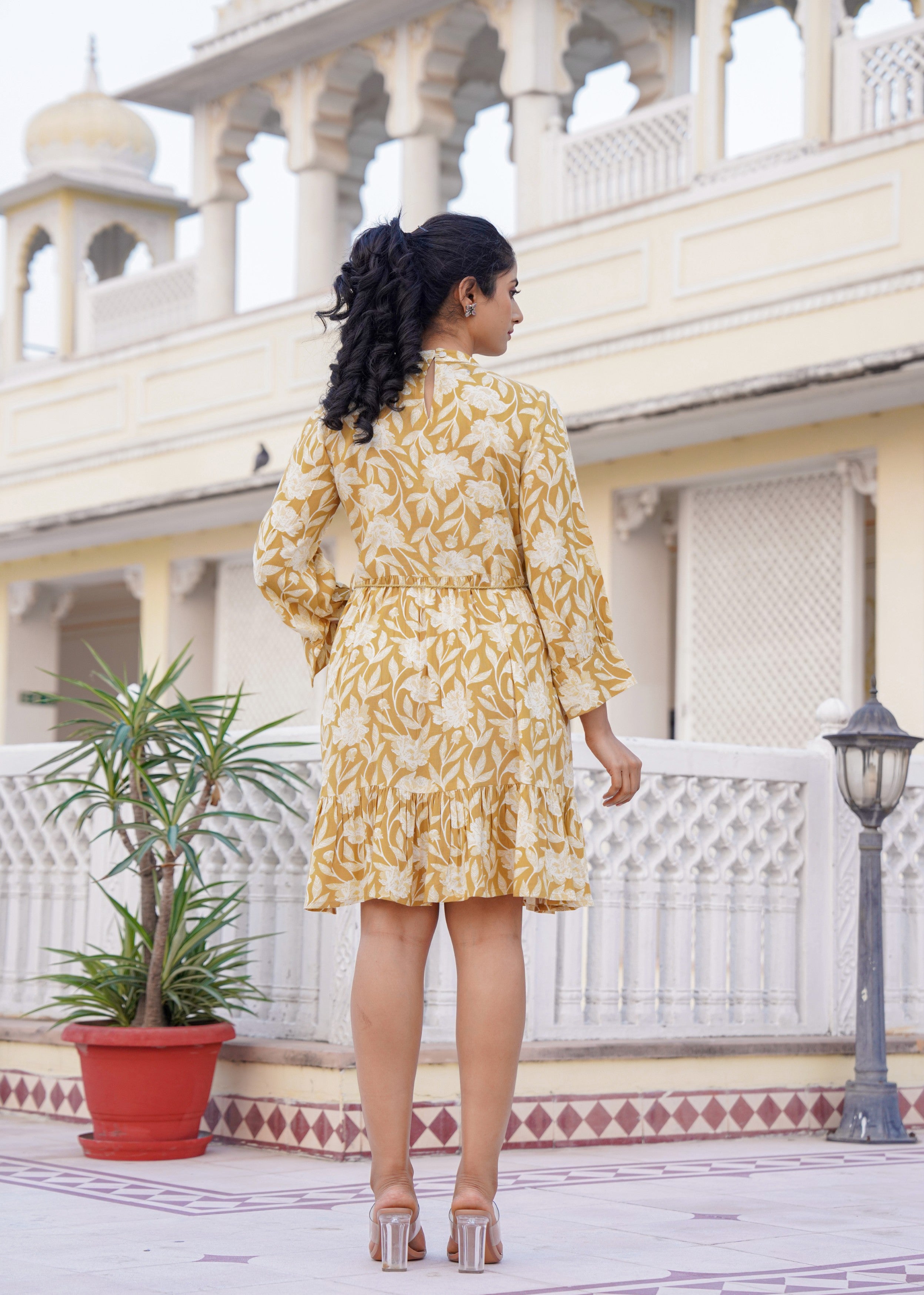 Mustard Yellow Floral Embroidered Cotton Dress