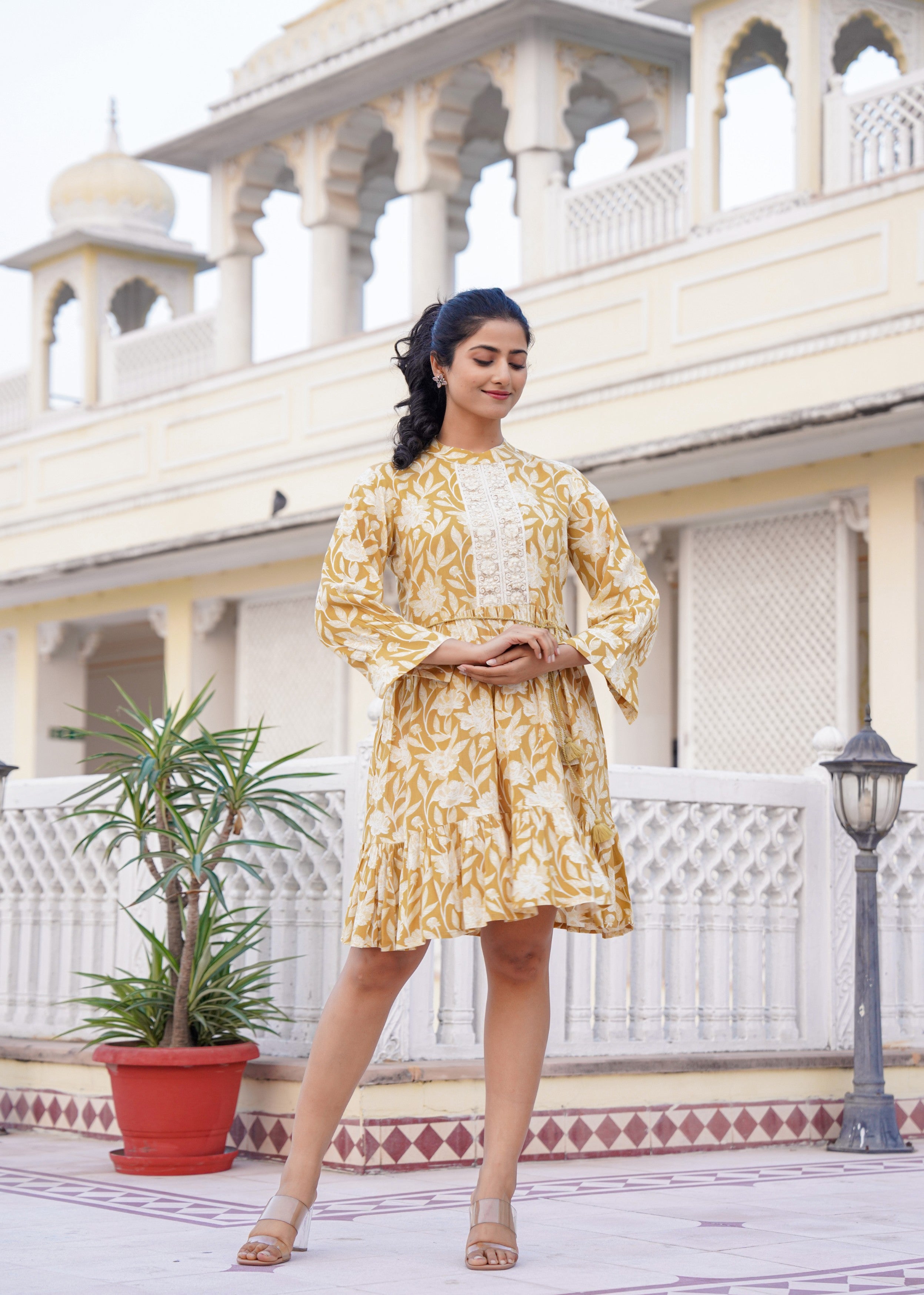 Mustard Yellow Floral Embroidered Cotton Dress