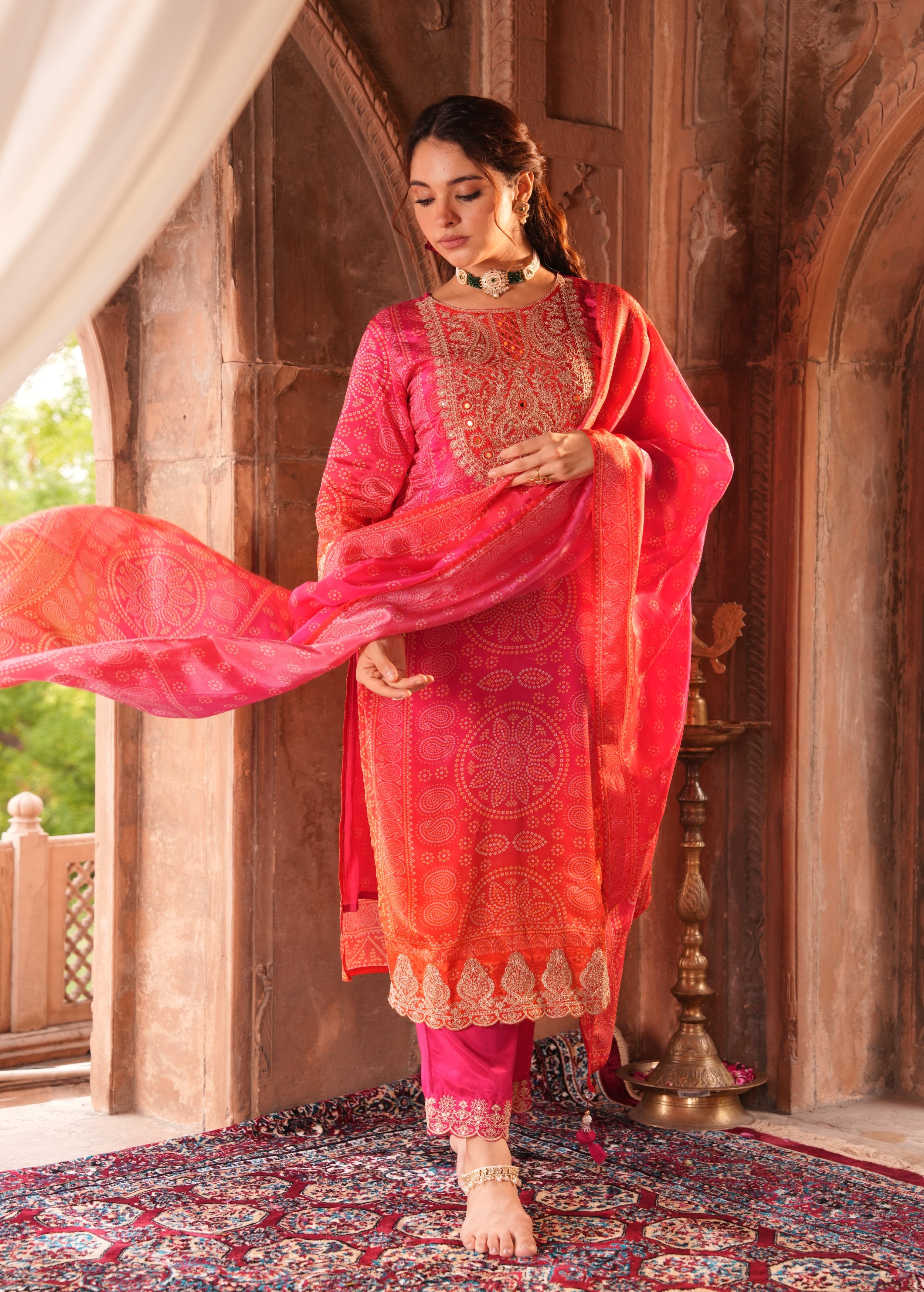 Rich Pink Embellished Chinon Silk Pant Set
