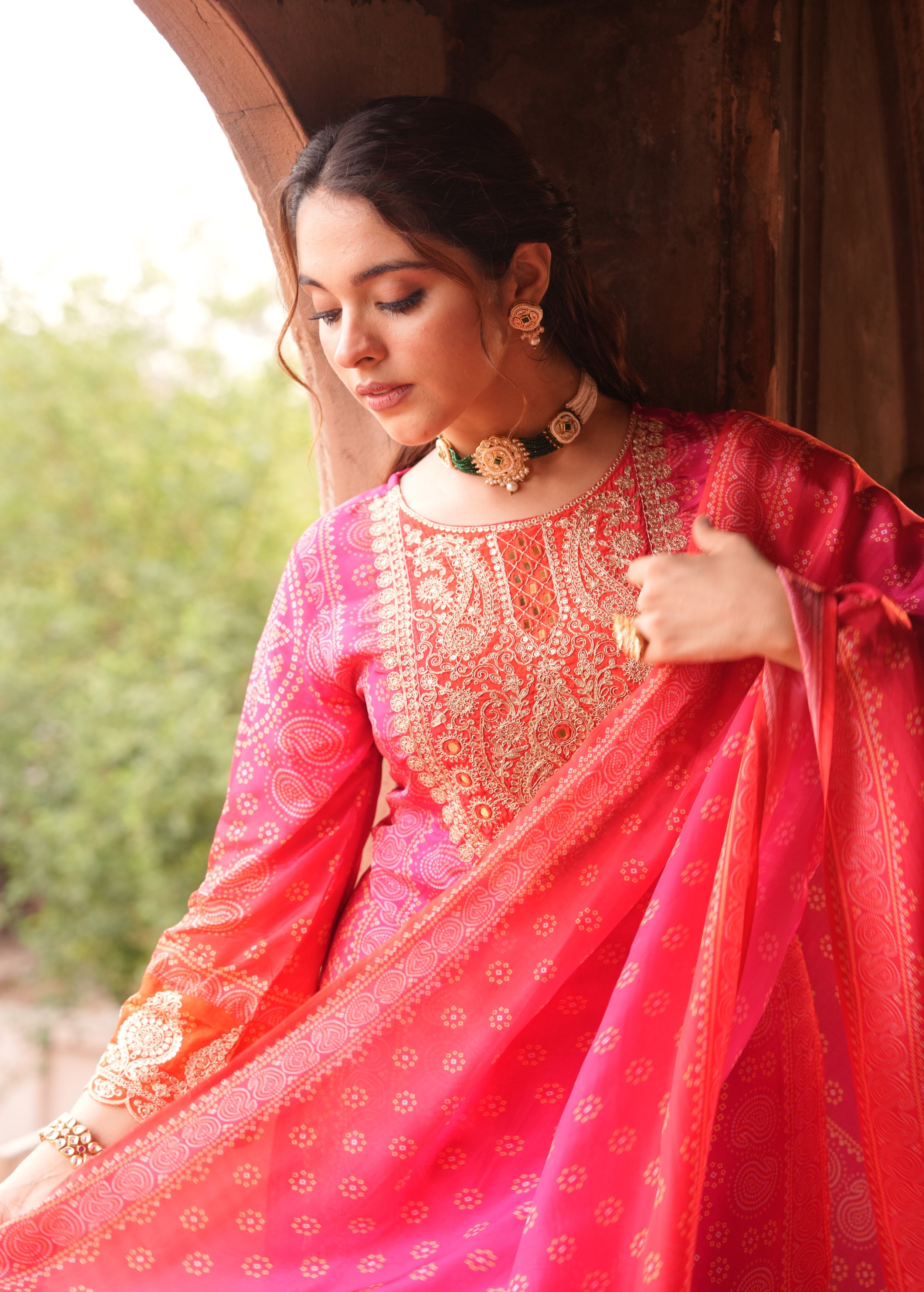 Rich Pink Embellished Chinon Silk Pant Set