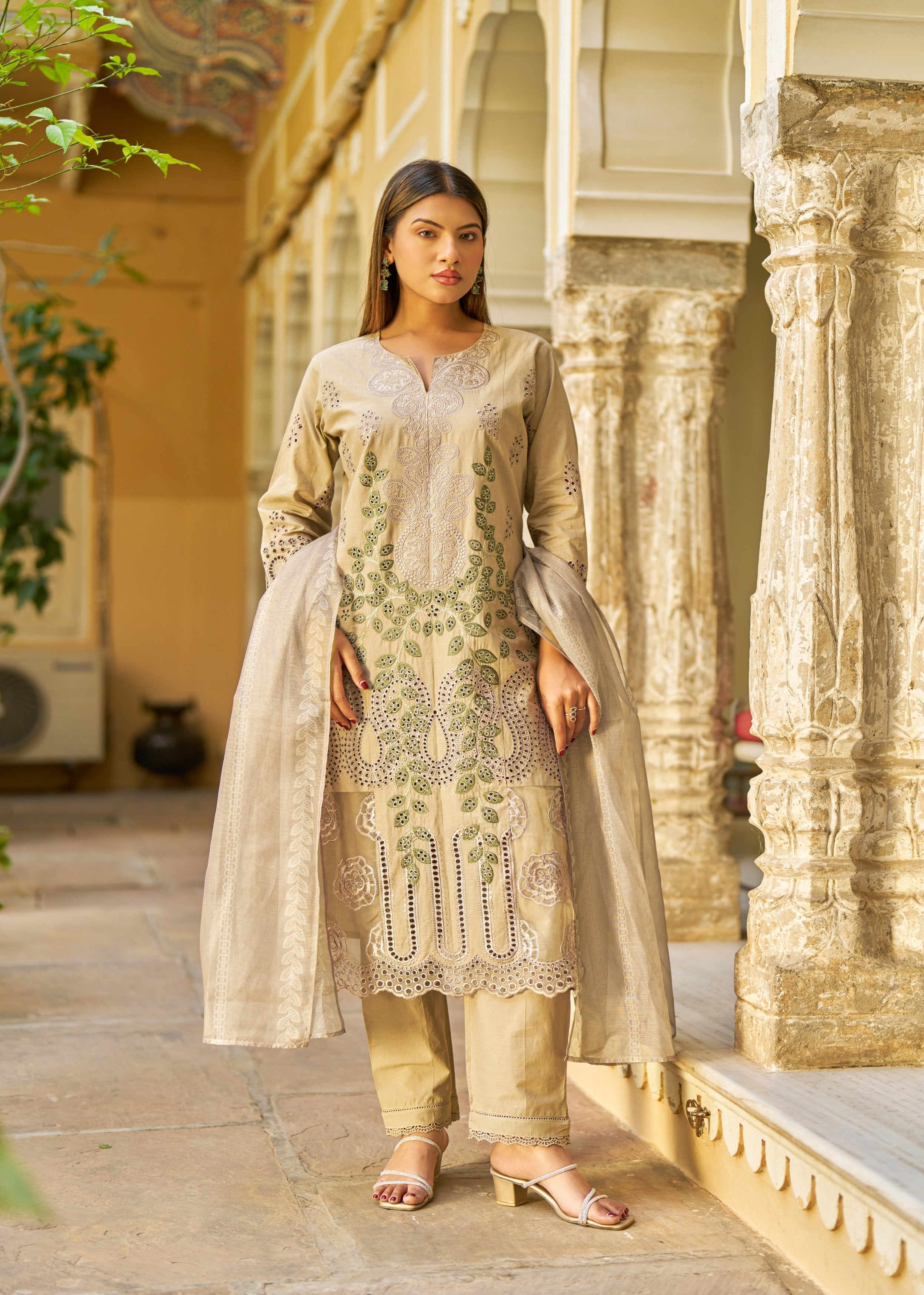 Taupe Brown Embroidered Cotton Pant Set