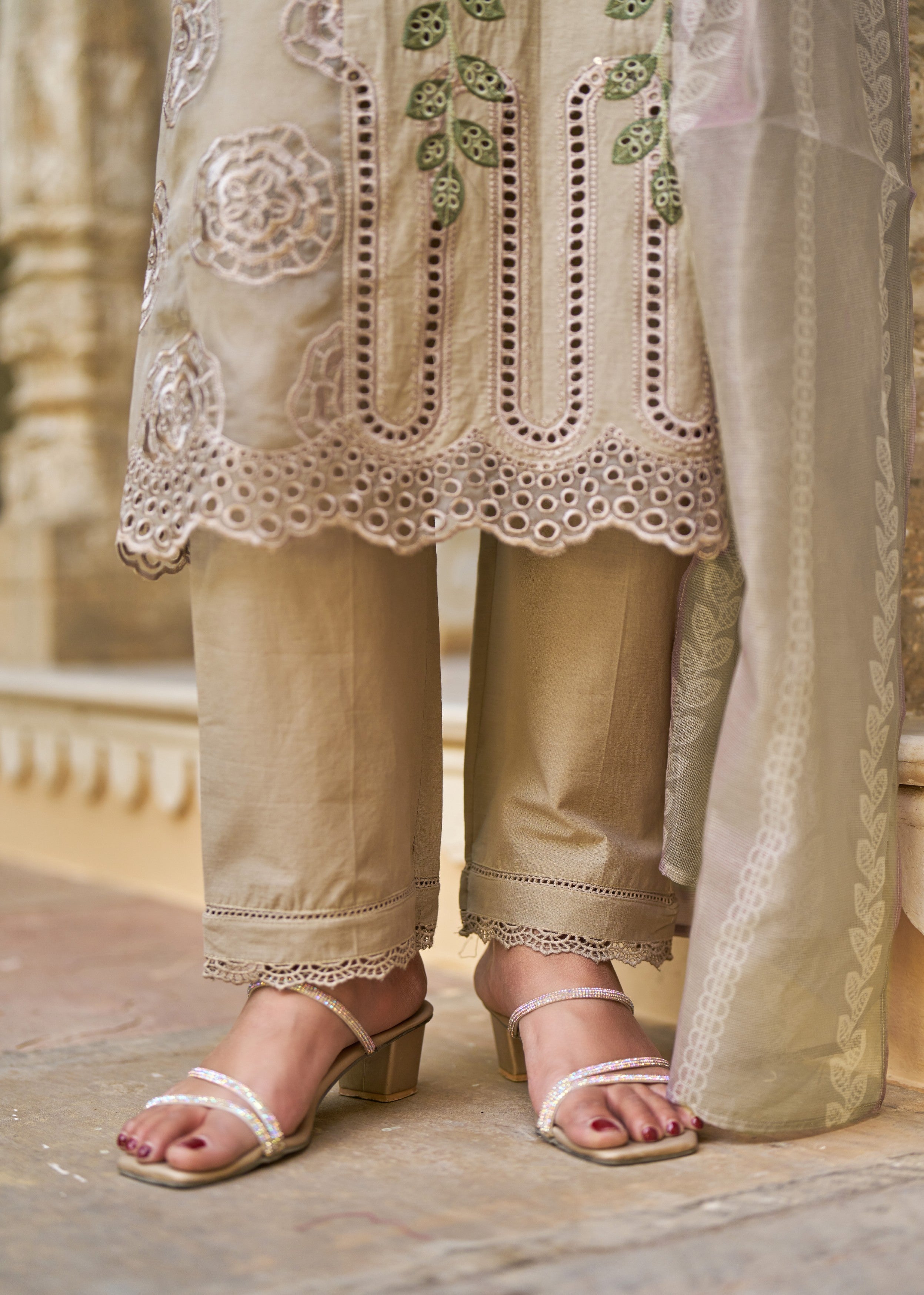 Taupe Brown Embroidered Cotton Pant Set