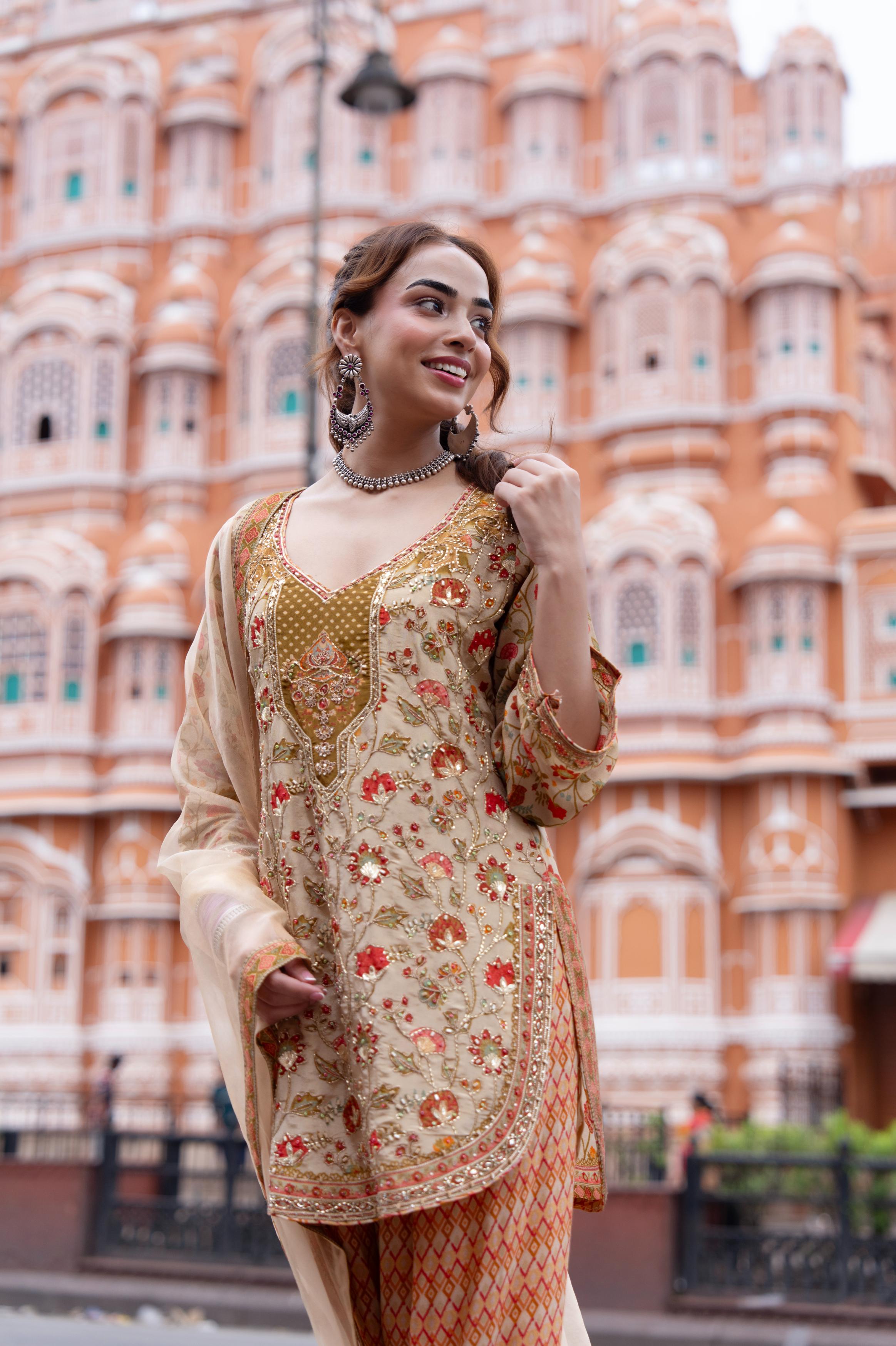 Golden Cream Embellished Shimmer Silk Salwar Set