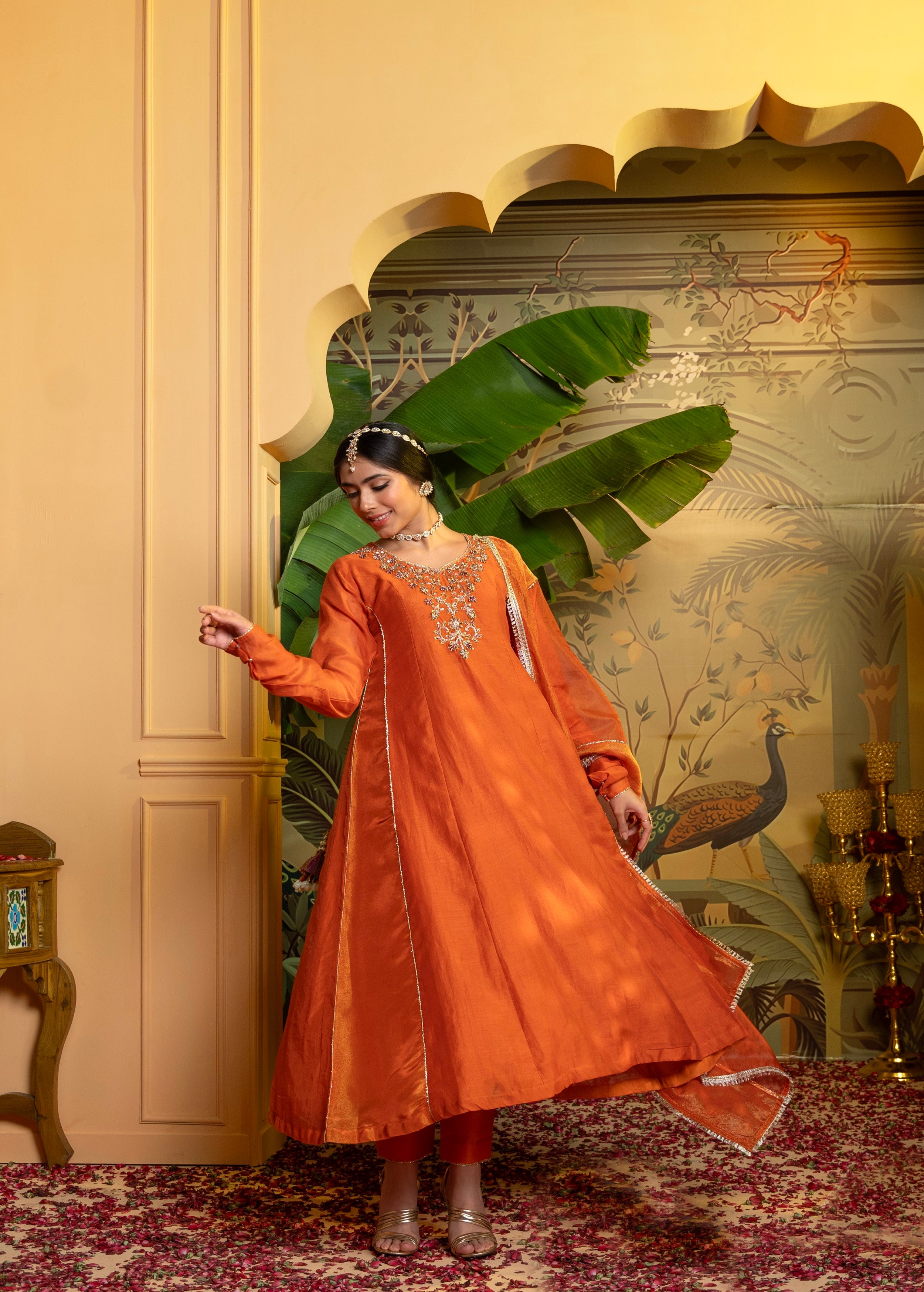 Saffron Orange Embellished Chanderi Silk Pant Set