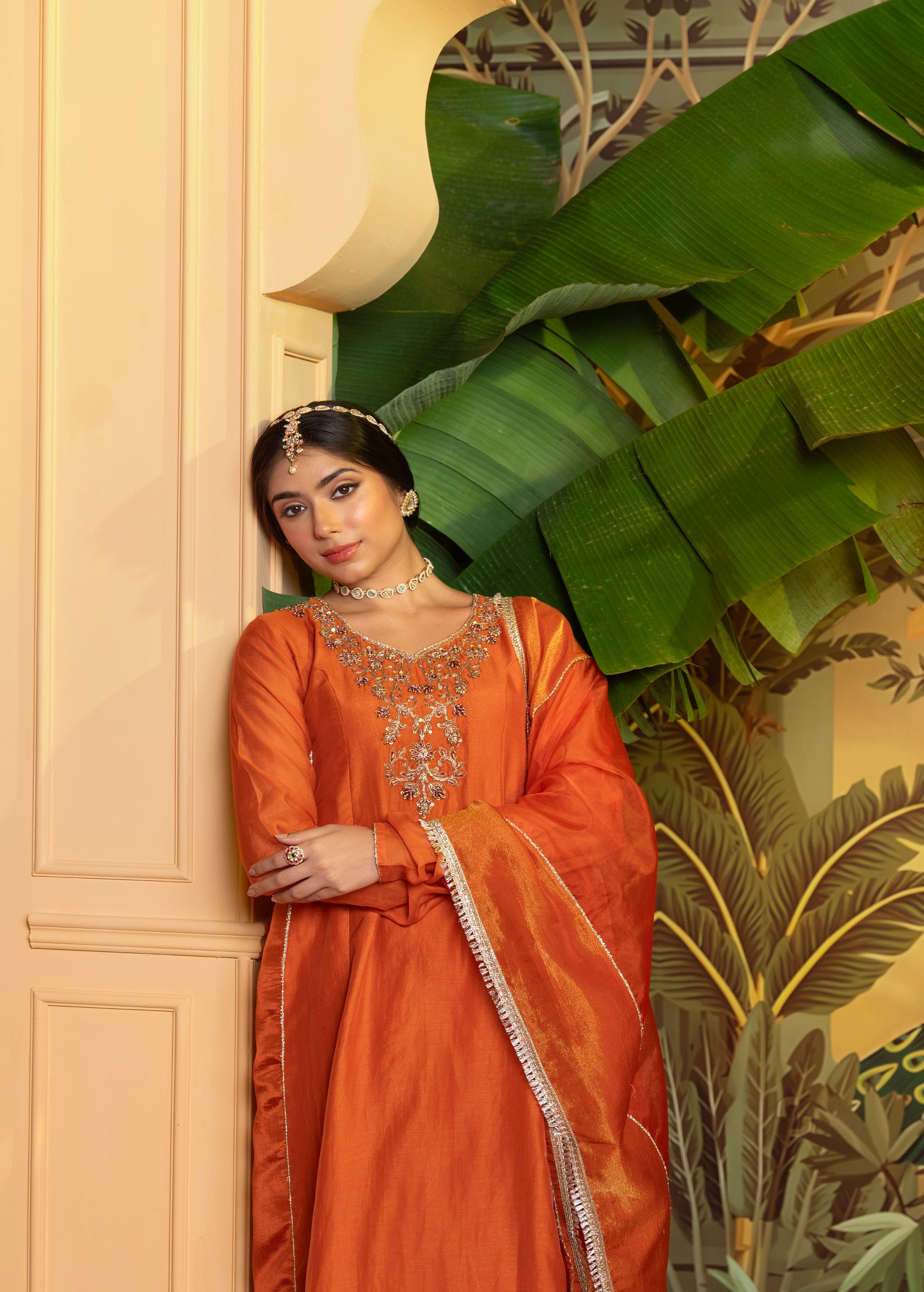 Saffron Orange Embellished Chanderi Silk Pant Set