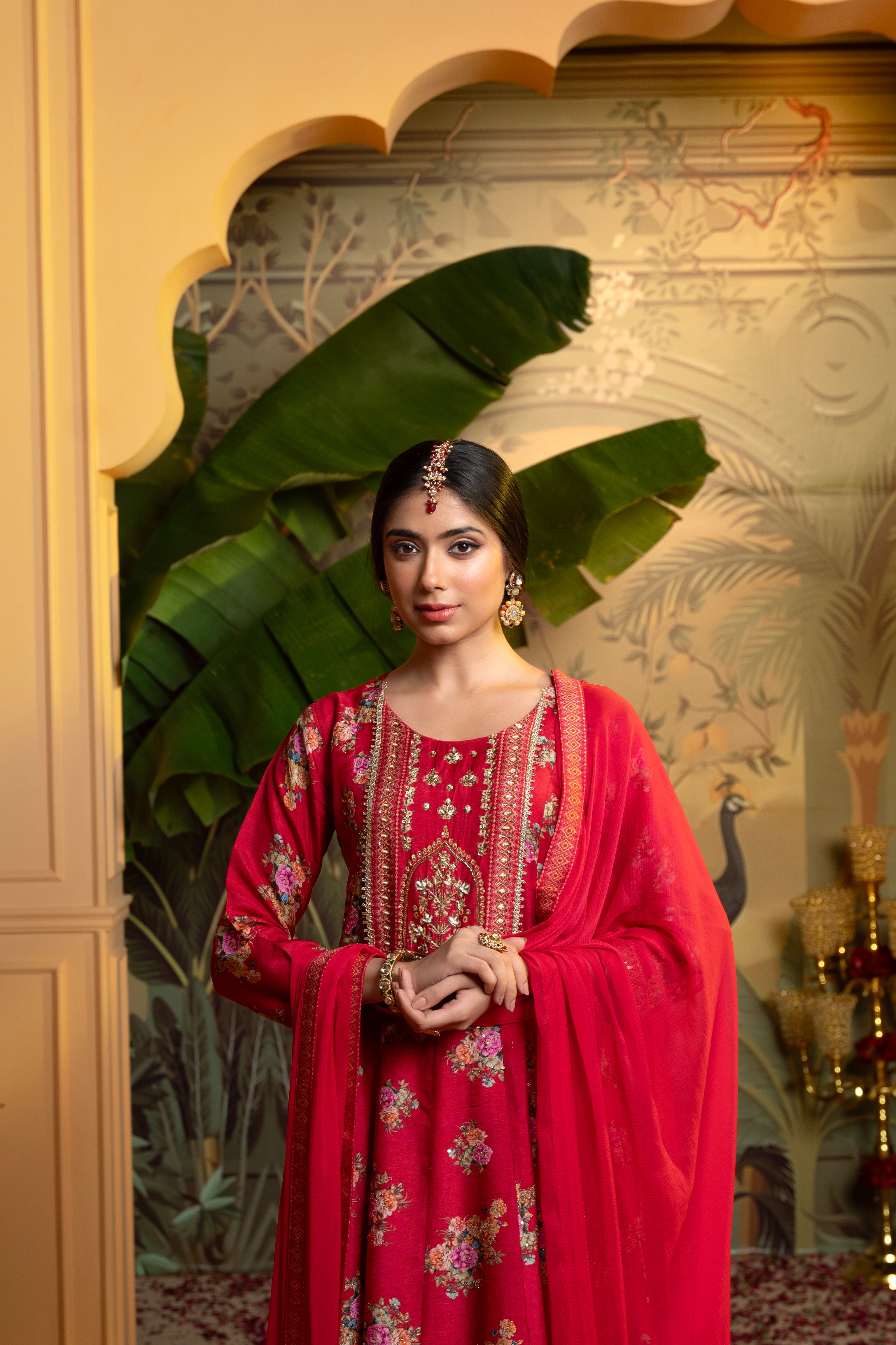 Bright Red Embellished Dola Silk Anarkali Set