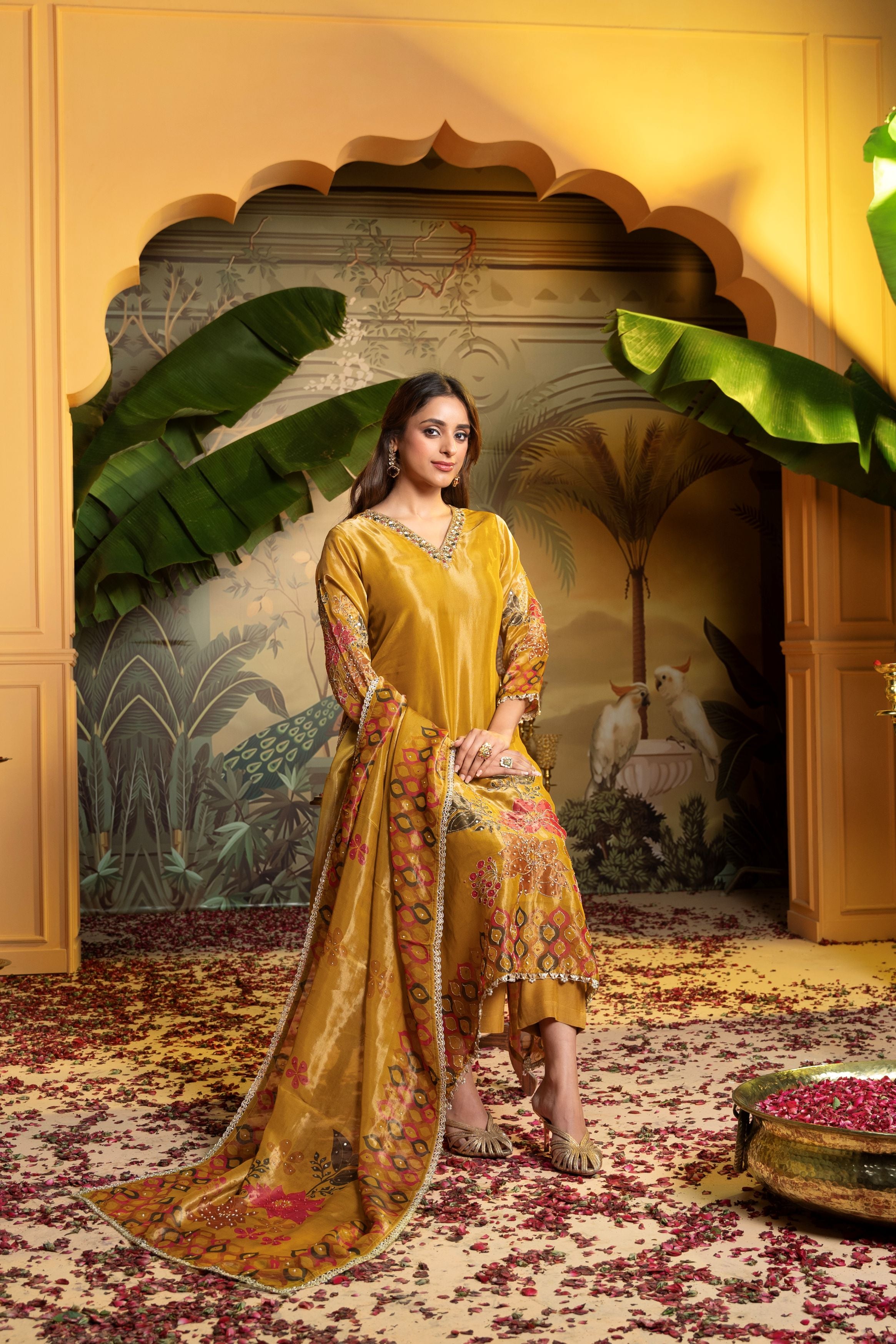 Sunflower Mustard Embellished Tissue Pant Set