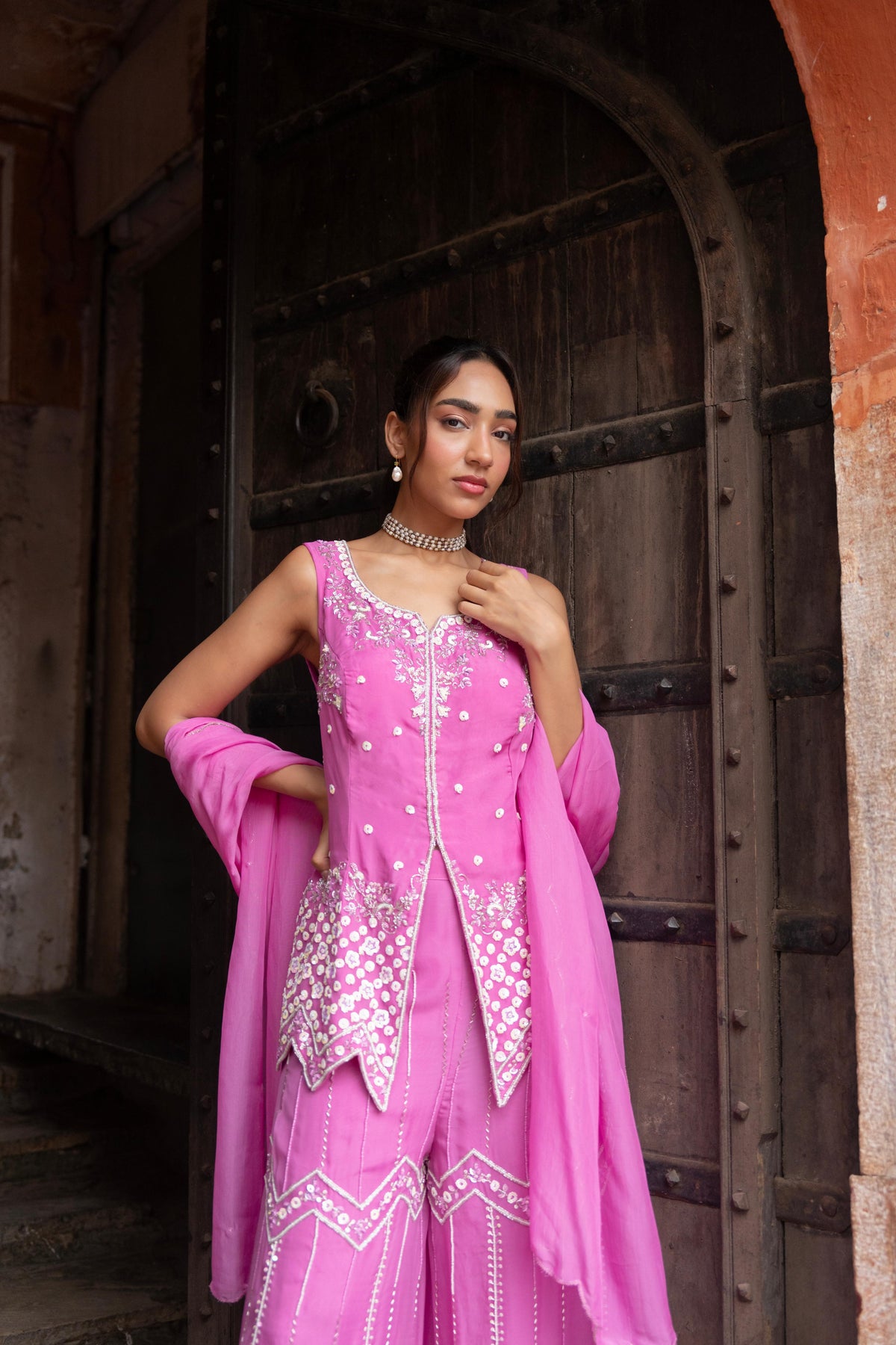 Bubblegum Pink Embellished Premium Silk Palazzo Set