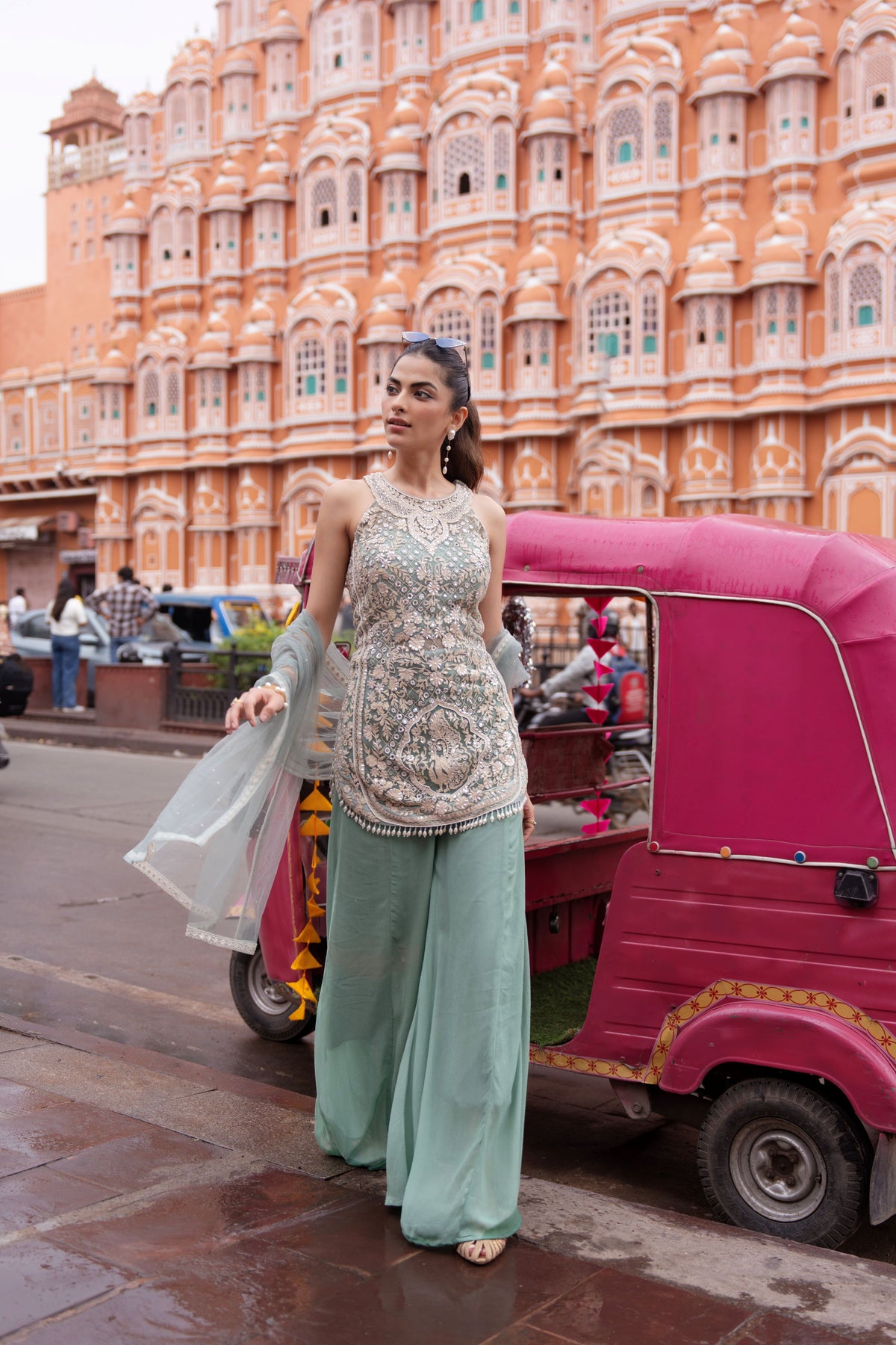 Blue Frost Embellished Premium Net Palazzo Set