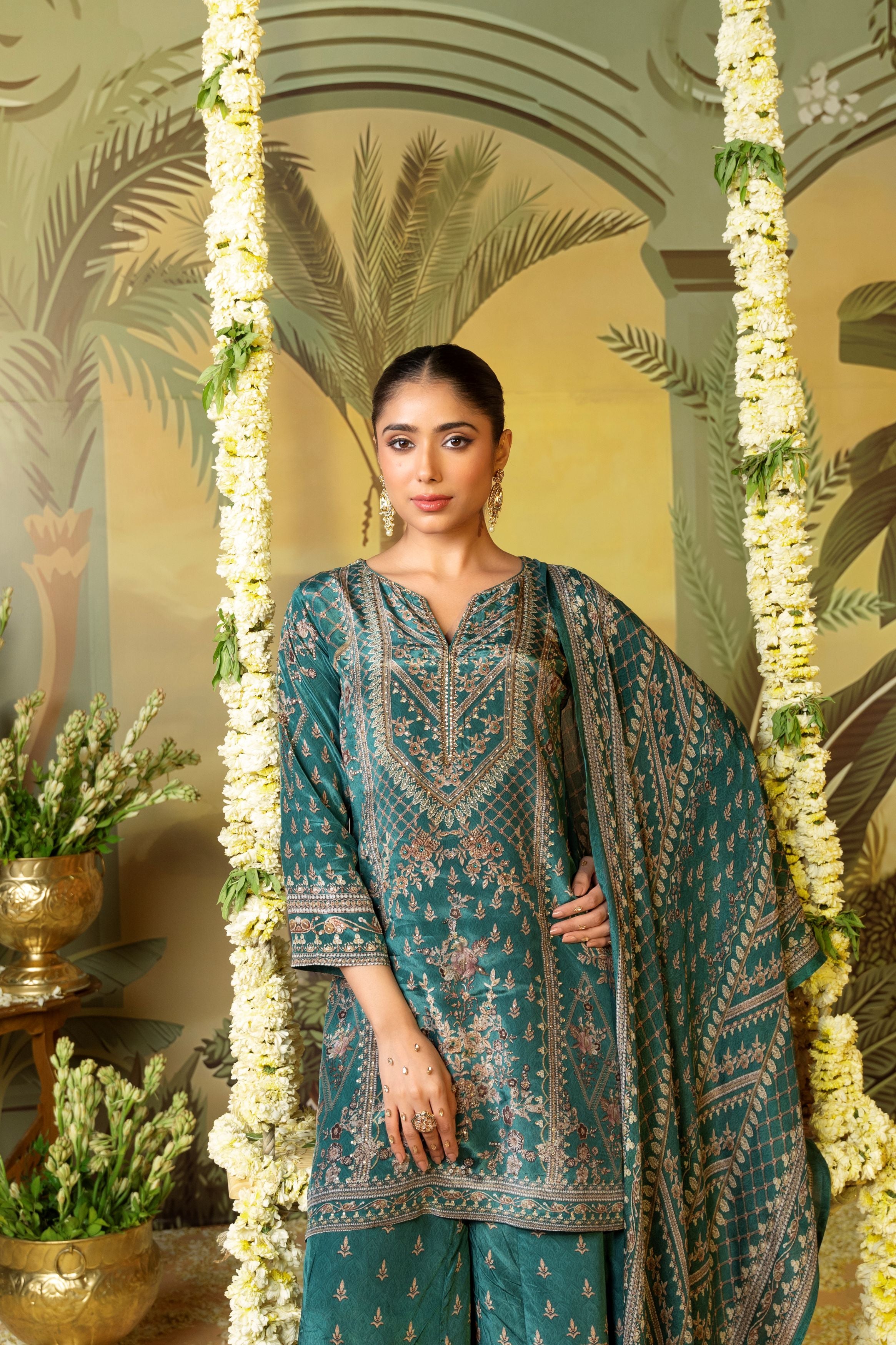 Bright Green Printed Muslin Silk Palazzo Set