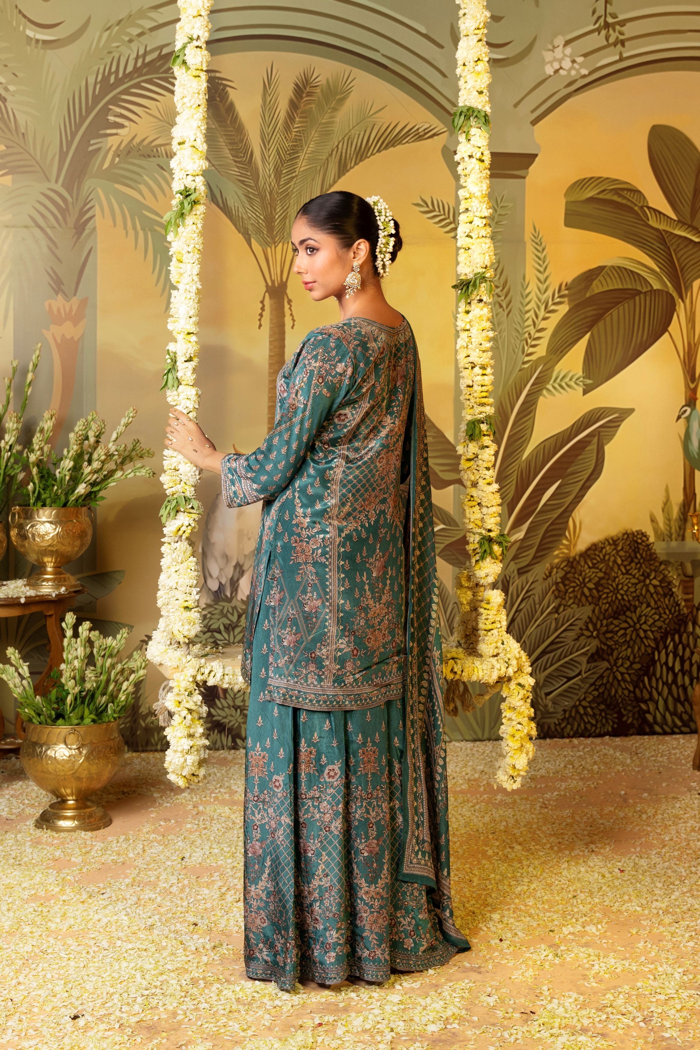 Bright Green Printed Muslin Silk Palazzo Set