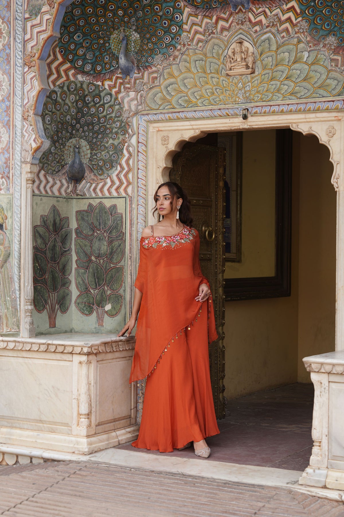 Chic Rust Orange Embroidered Crepe Silk Palazzo Set