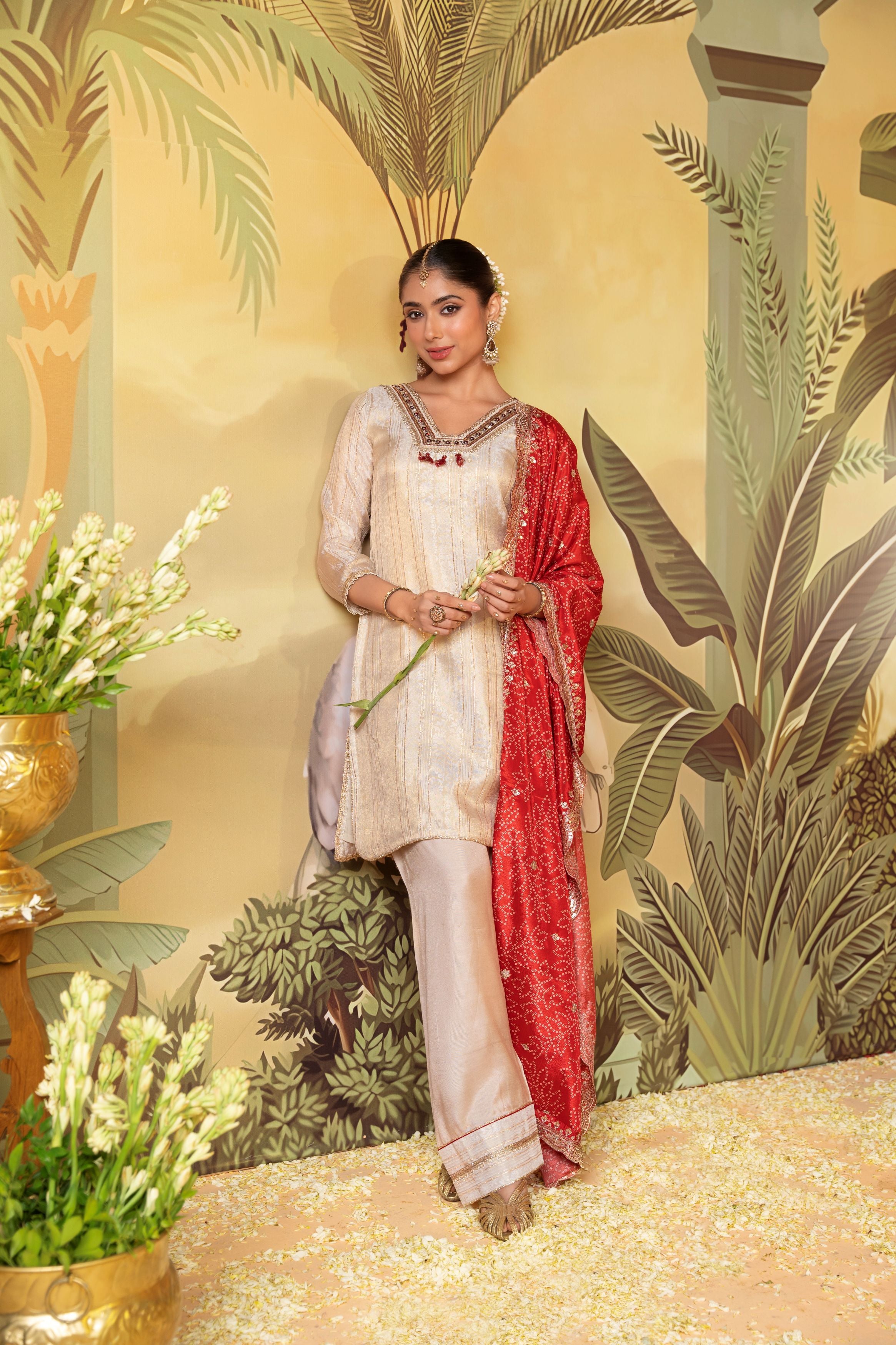 Traditional Ivory Premium Silk Palazzo Set