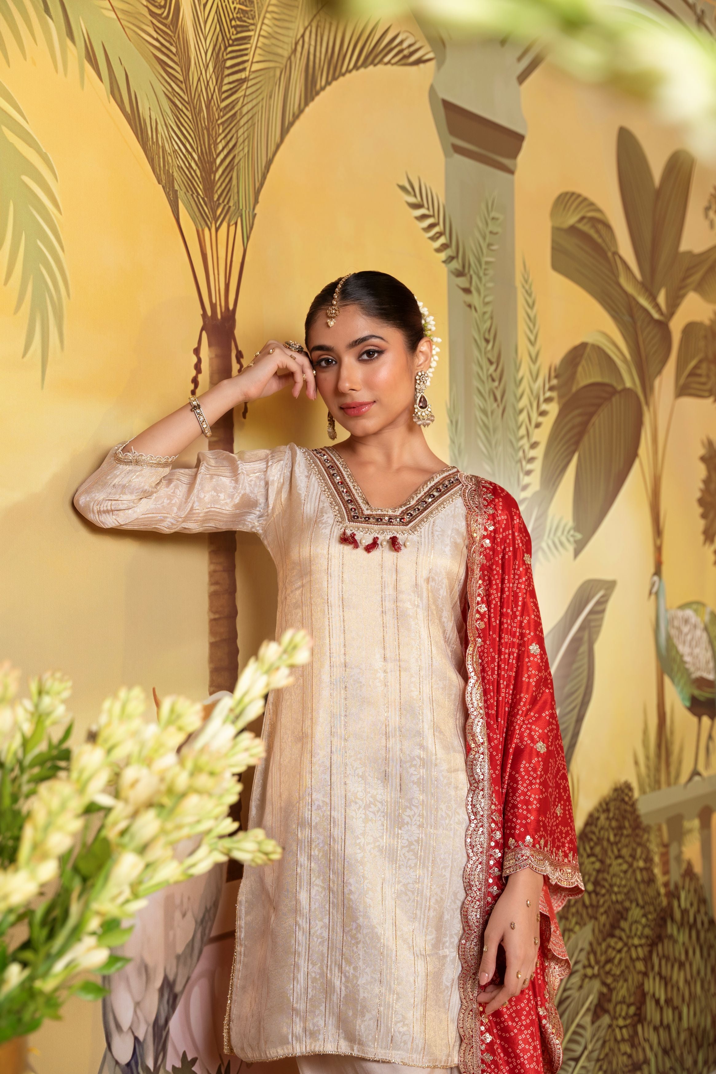 Traditional Ivory Premium Silk Palazzo Set